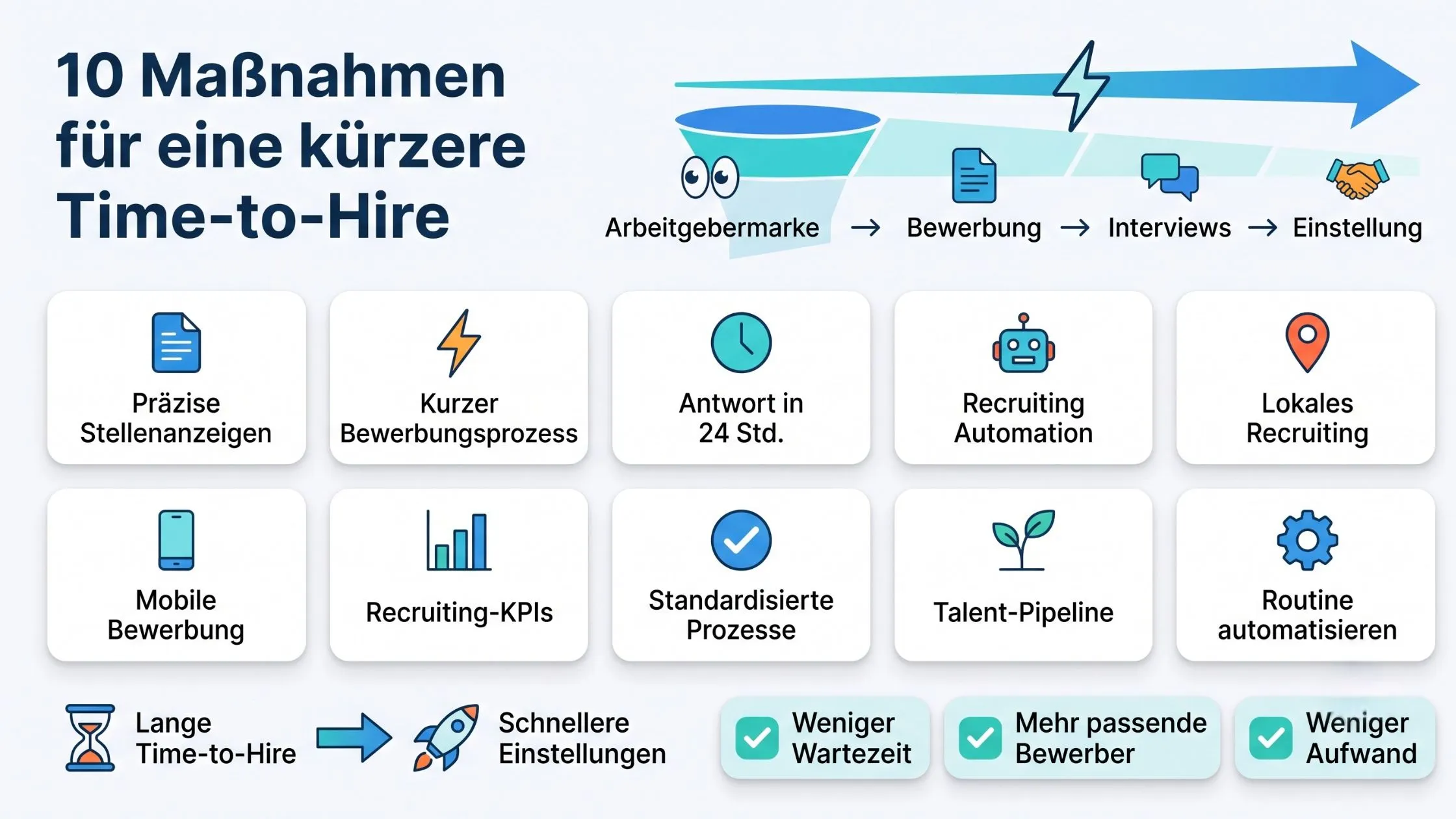 Infographic illustrating 10 measures to reduce hiring time, featuring elements like job precision, recruiting automation, and mobile applications.