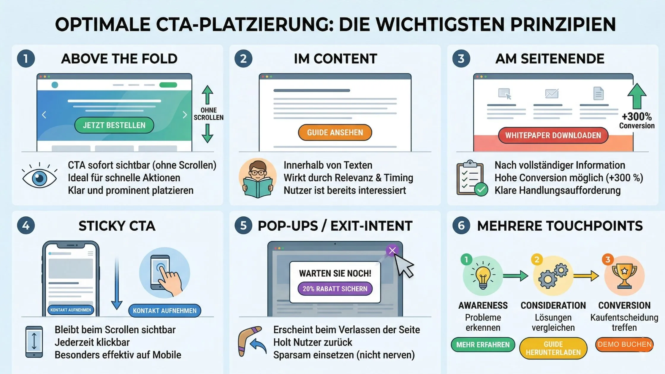 Diagram on optimal CTA placement showing six principles, including above the fold, in content, sticky CTA, pop-ups, and multiple touchpoints.