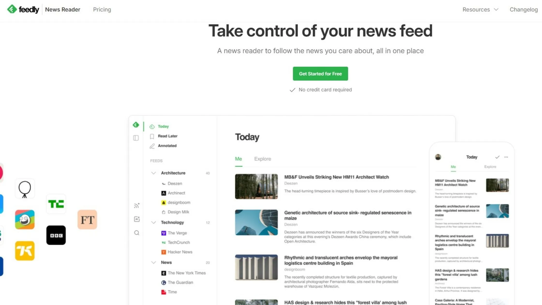 Feedly homepage showing a news reader interface with article headlines, categories, and a "Get Started for Free" button.