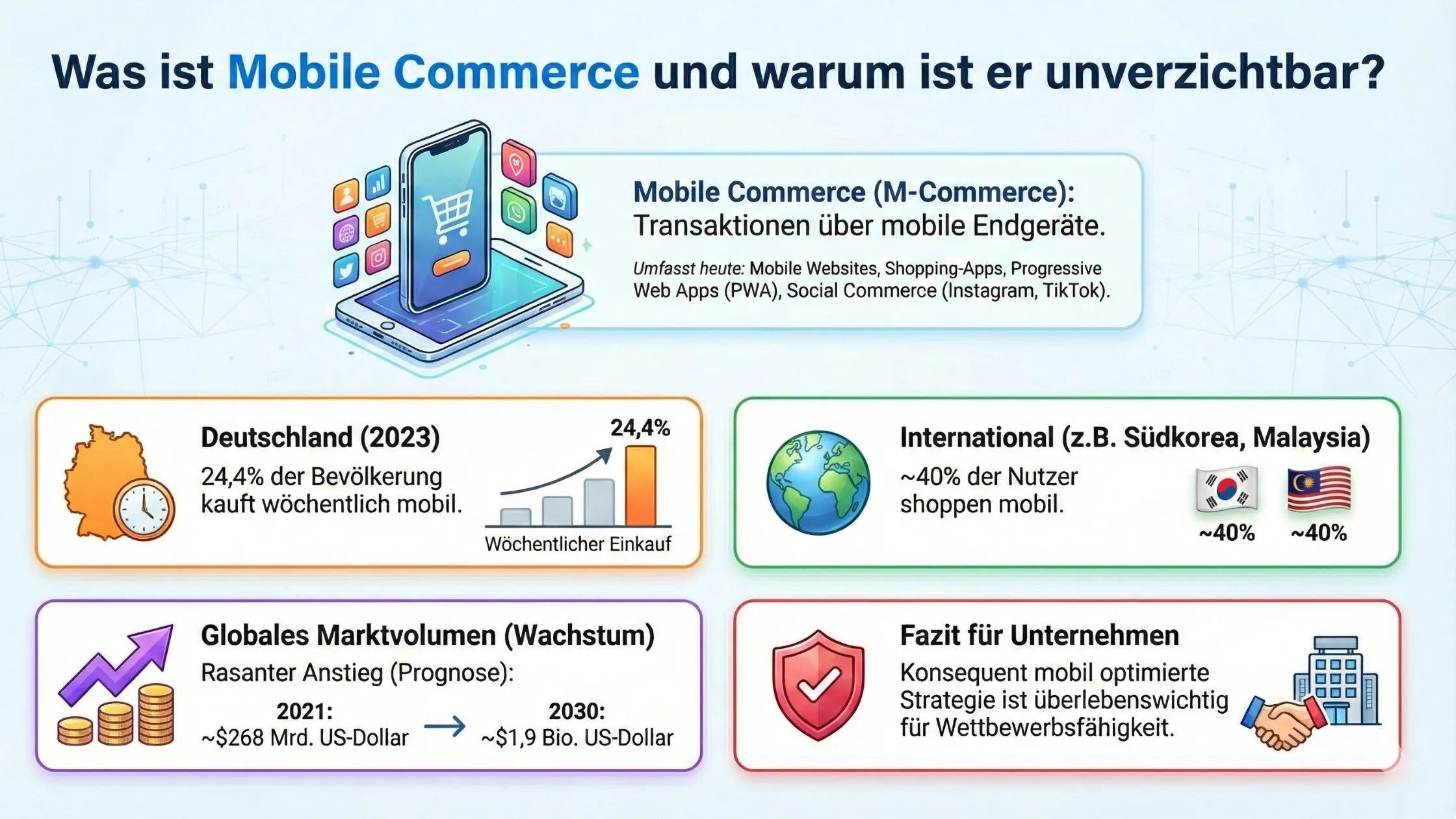 Infographic on mobile commerce: Germany 24.4% weekly mobile shoppers; international ~40%; market to ~$1.9T by 2030; firms need mobile strategy.