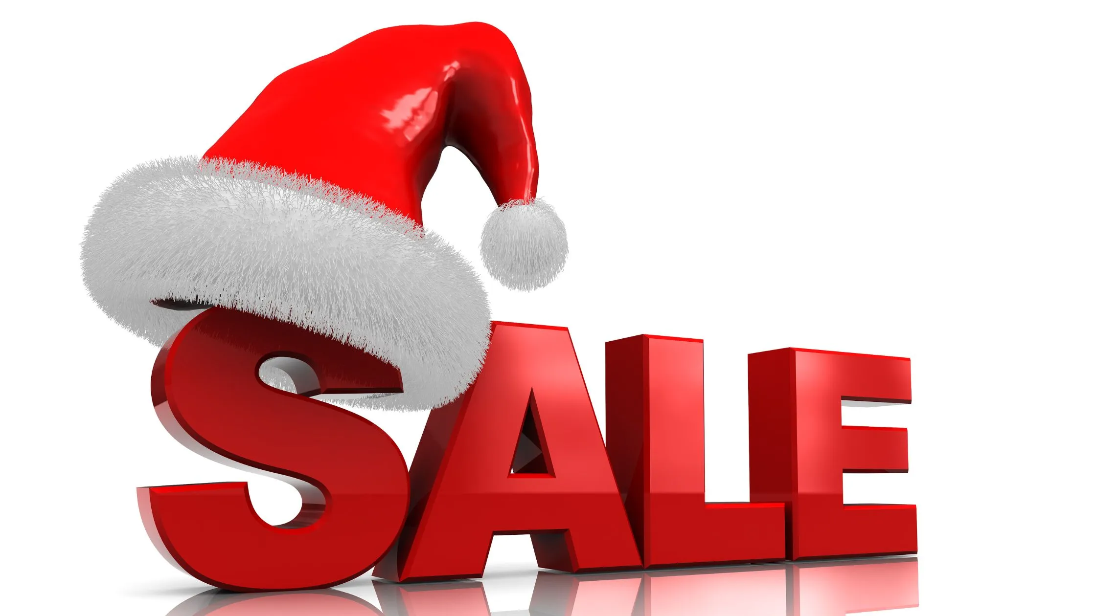 The word "SALE" in bold red letters with a Santa hat on top, set against a white background.