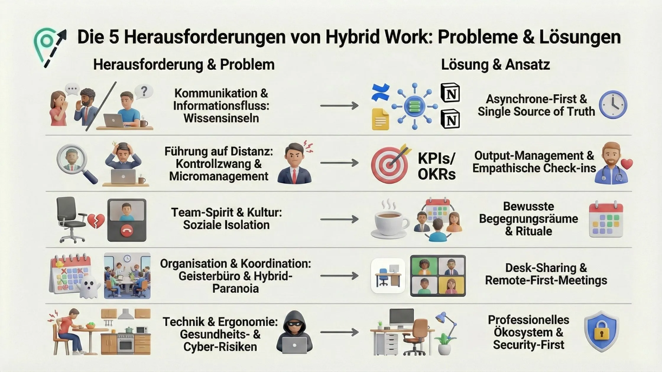 Diagram of five hybrid work challenges and solutions, featuring teamwork, communication, organization, technology, and remote management strategies.