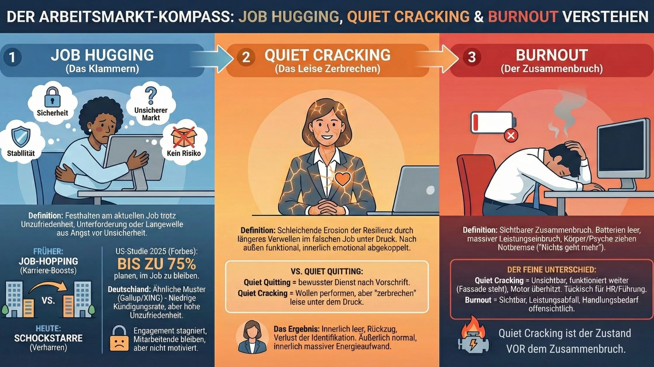 Infographic explaining job hugging, quiet cracking, and burnout with illustrations and definitions in three sections, each highlighting symptoms.