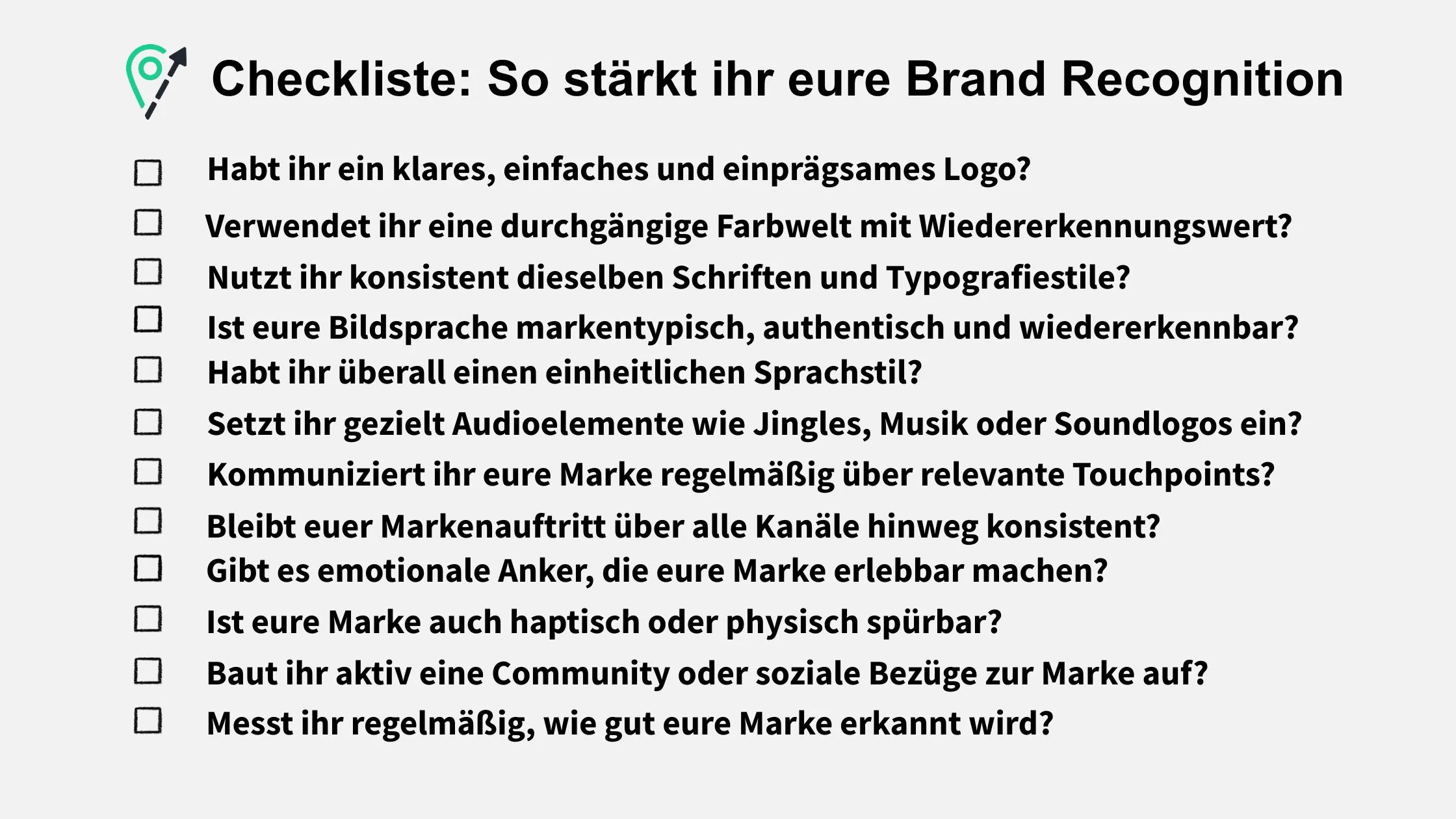 Checklist titled "So stärkt ihr eure Brand Recognition" with nine questions related to brand consistency and communication.