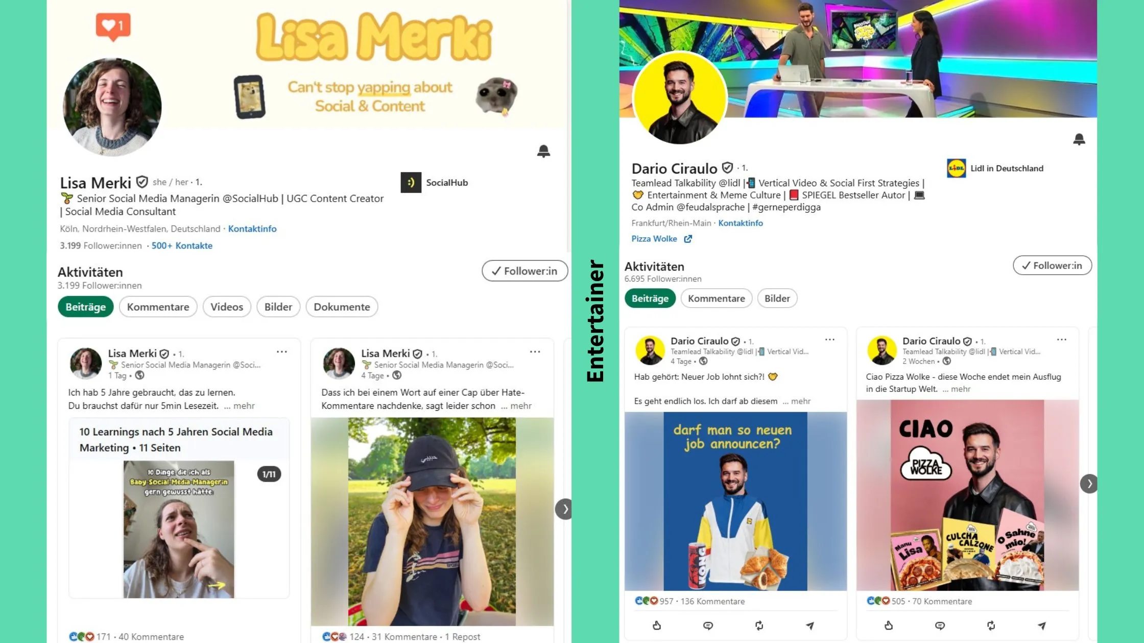 Screenshots der LinkedIn-Profile von Lisa Merki und Dario Ciraulo als Beispiele für den LinkedIn-Typen Entertainer im Personal Branding.