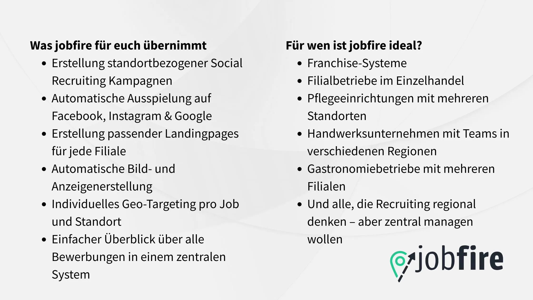 Text in German listing services and ideal users for "jobfire." Logo at the bottom right.