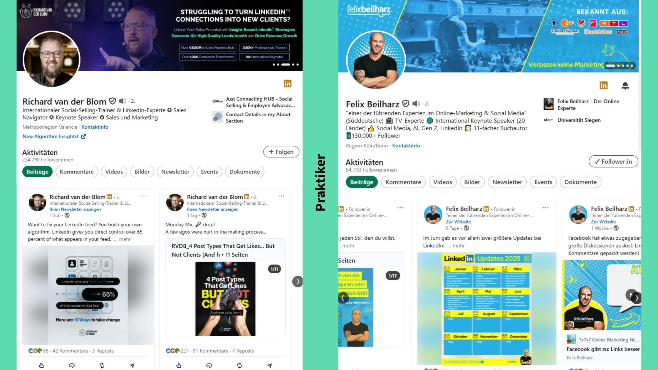 Screenshots der LinkedIn-Profile von Richard van der Blom und Felix Beilharz als Beispiel für den LinkedIn-Typen Praktiker.
