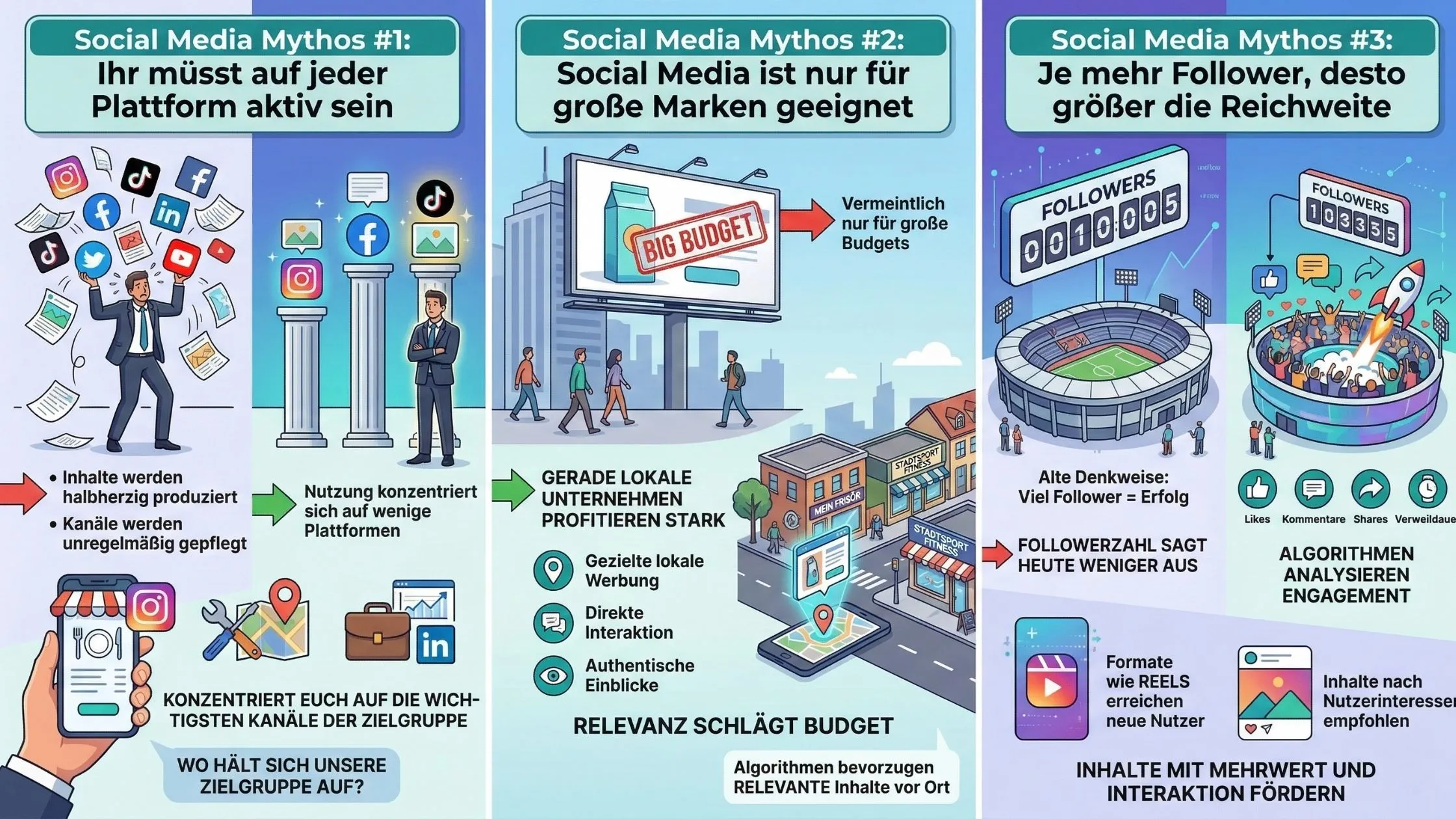 Three colorful infographic panels debunking social media myths with illustrations of platforms, branding, and audience engagement tips. Text in German.