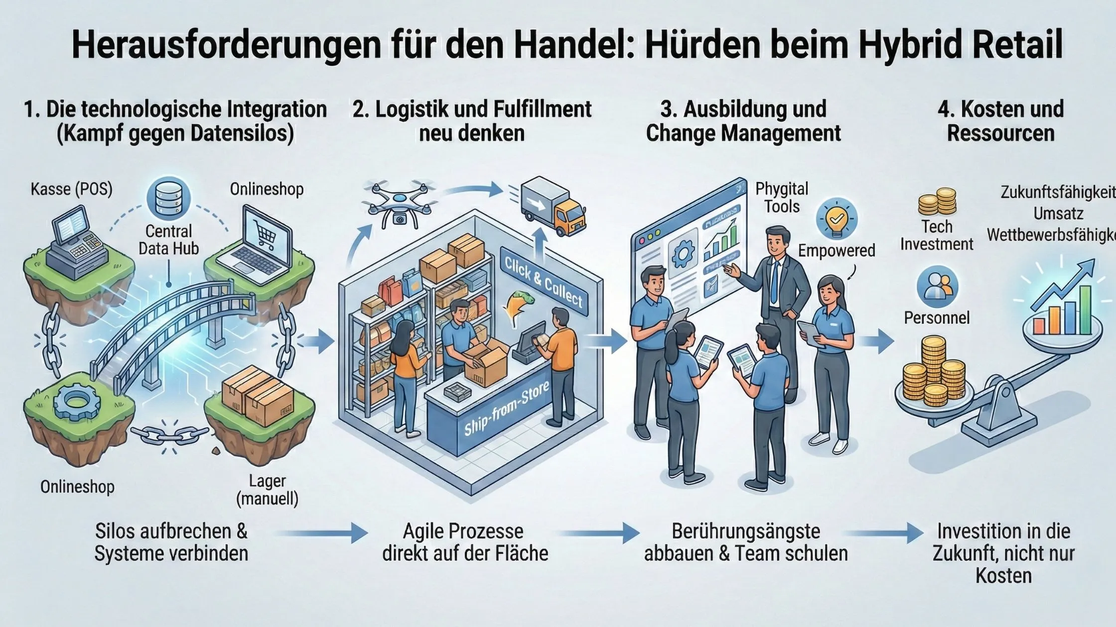 Infographic on hybrid retail challenges: tech integration, logistics, change management, and costs. Features diagrams and icons. German text.