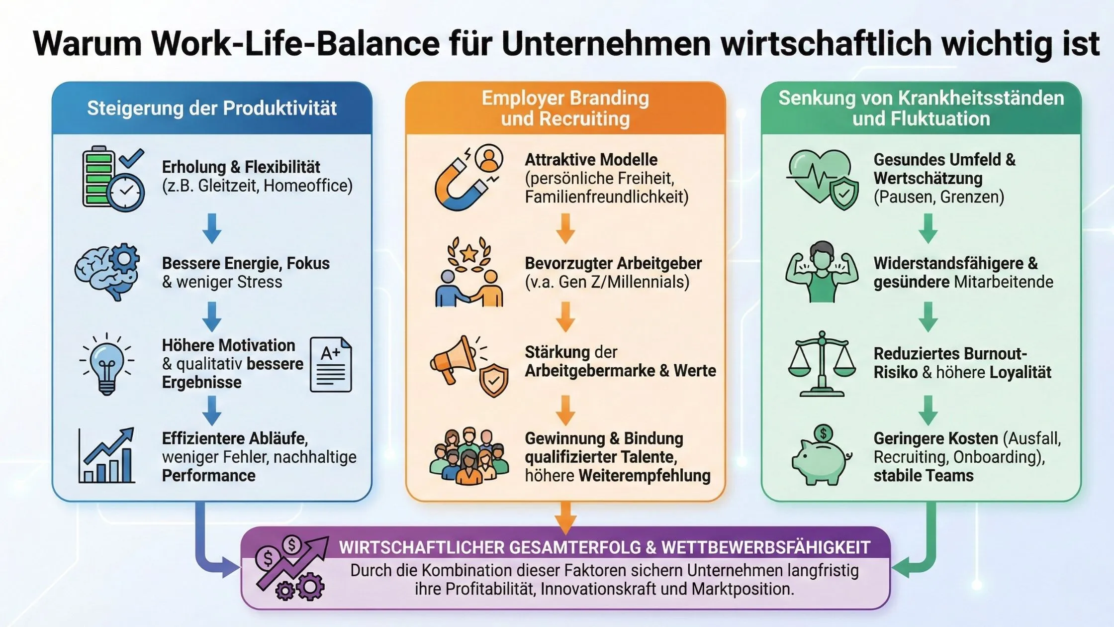 Infographic (German) showing 3 benefits of work-life balance for companies: productivity, employer branding/recruiting, and reduced sickness/turnover