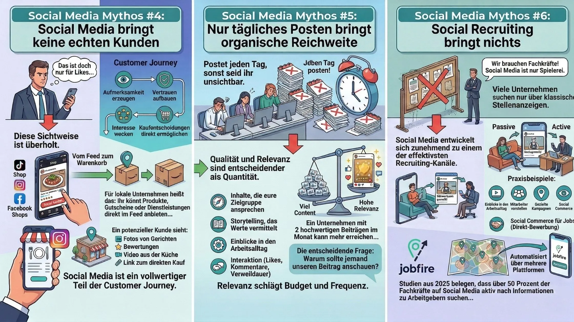 Three infographics debunk social media myths, emphasizing its role in gaining customers, boosting organic reach, and enhancing recruitment. Text in German.
