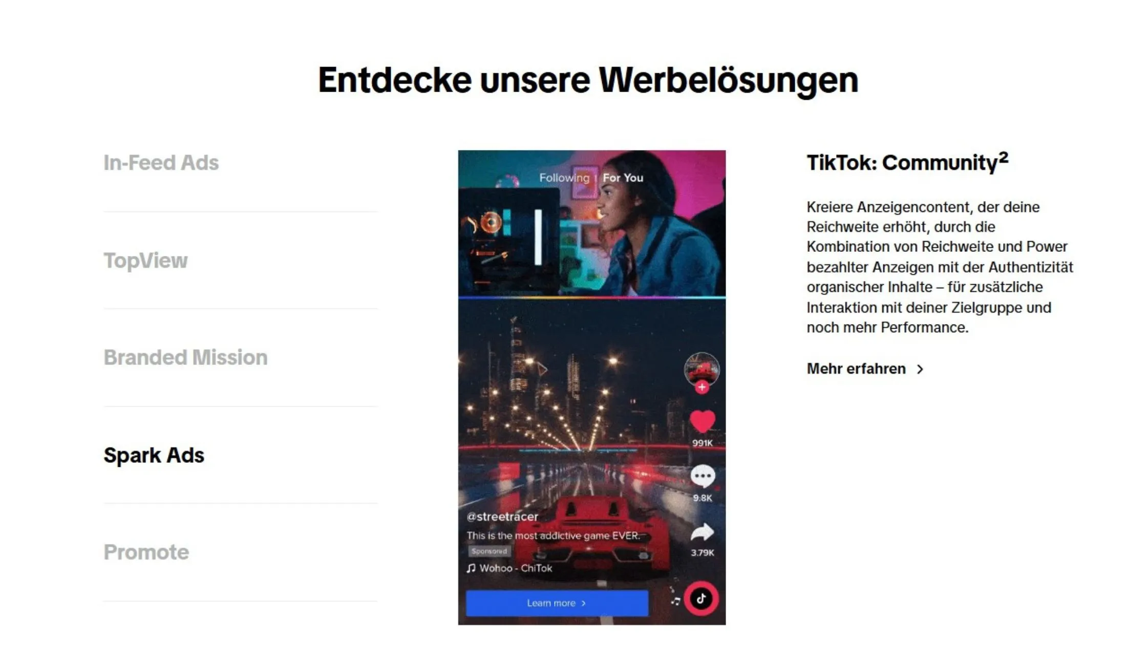 Screenshot of a webpage showcasing TikTok advertising solutions with options like In-Feed Ads and Spark Ads, alongside a video preview and text.