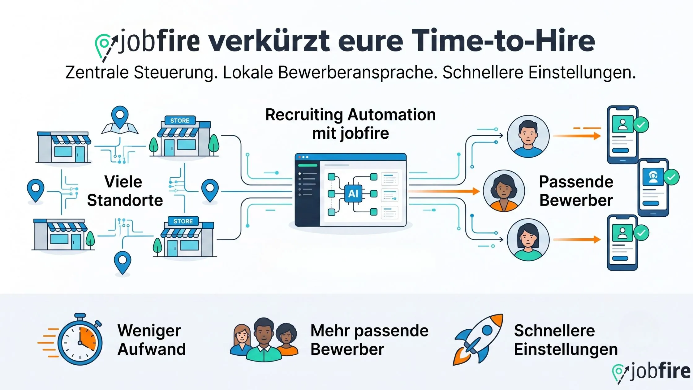 Diagram illustrating Jobfire's recruitment automation process connecting multiple locations with suitable candidates, emphasizing efficiency and reduced effort.