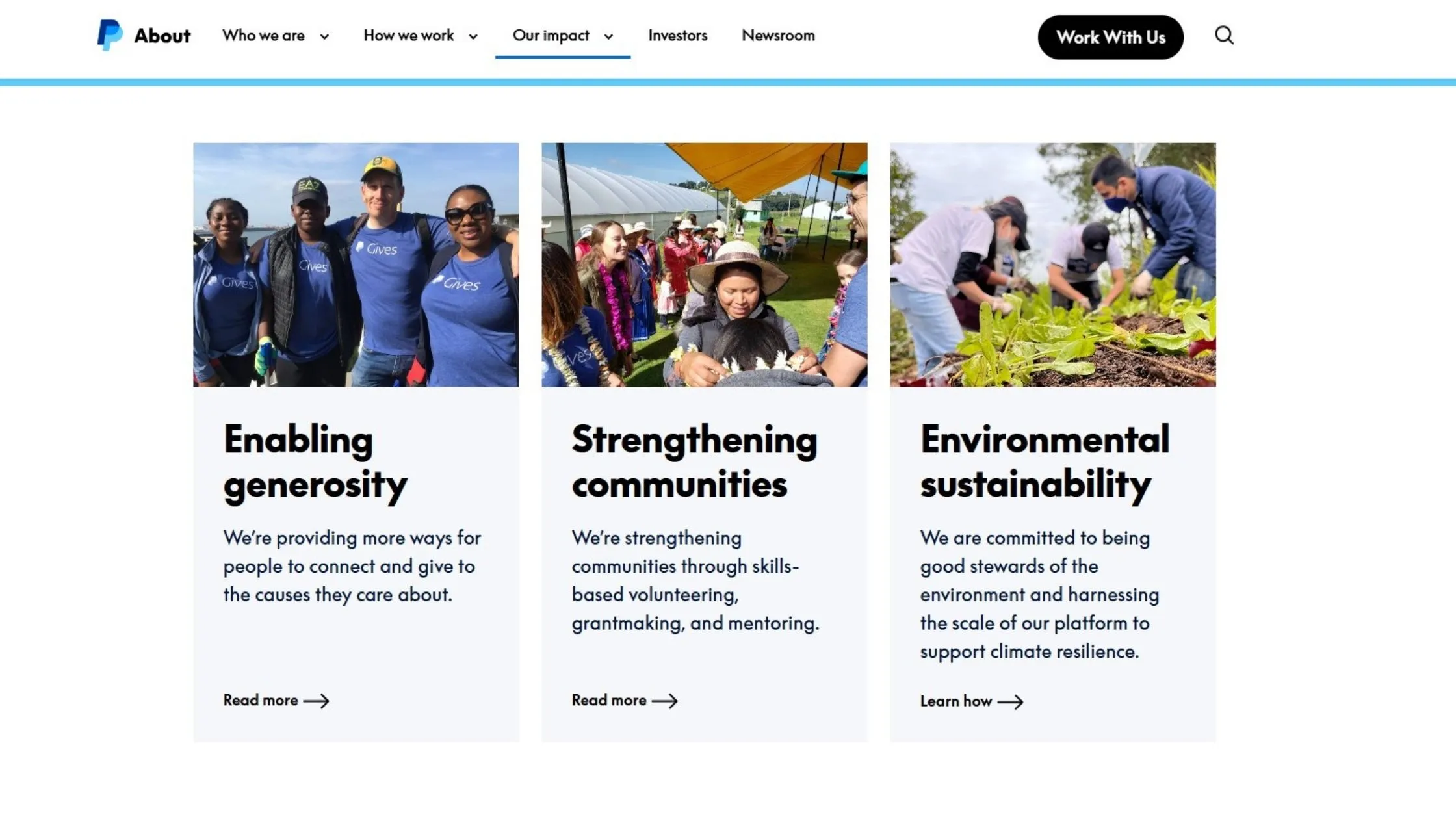 A webpage showcasing three sections: Enabling Generosity, Strengthening Communities, and Environmental Sustainability, each with images and text.