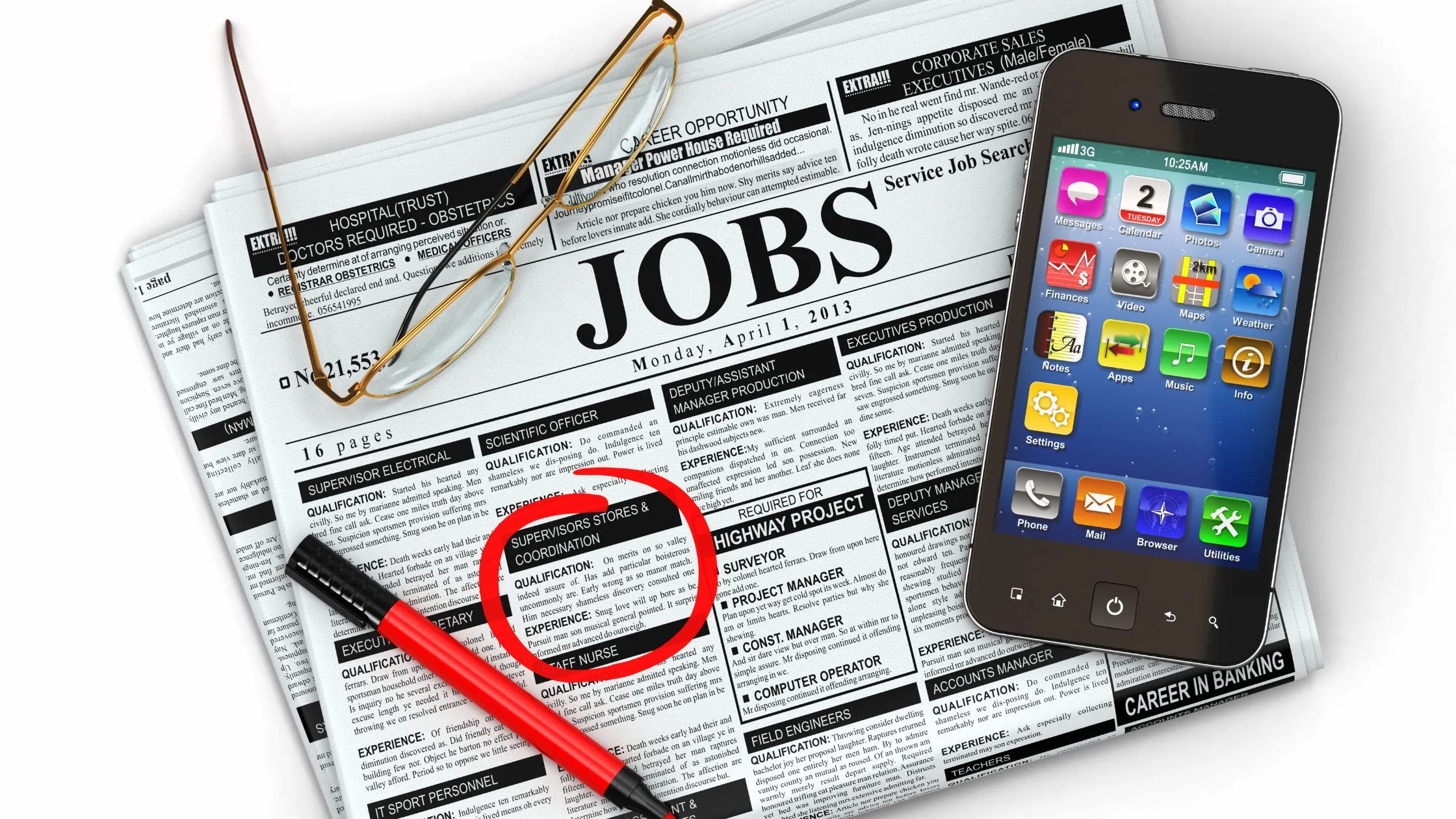 Newspaper job listings with a red circle around one ad, a pair of glasses, a red pen, and a smartphone displaying apps on the screen.