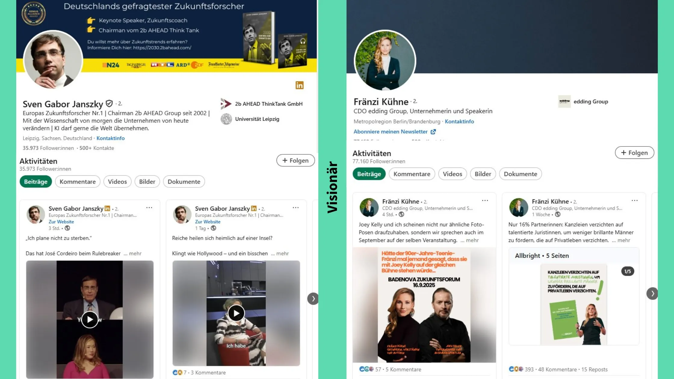 Screenshots der LinkedIn-Profile von Sven Gabor Janszky und Fränzi Kühne als Beispiel für den LinkedIn-Typ Visionär im Personal Branding.