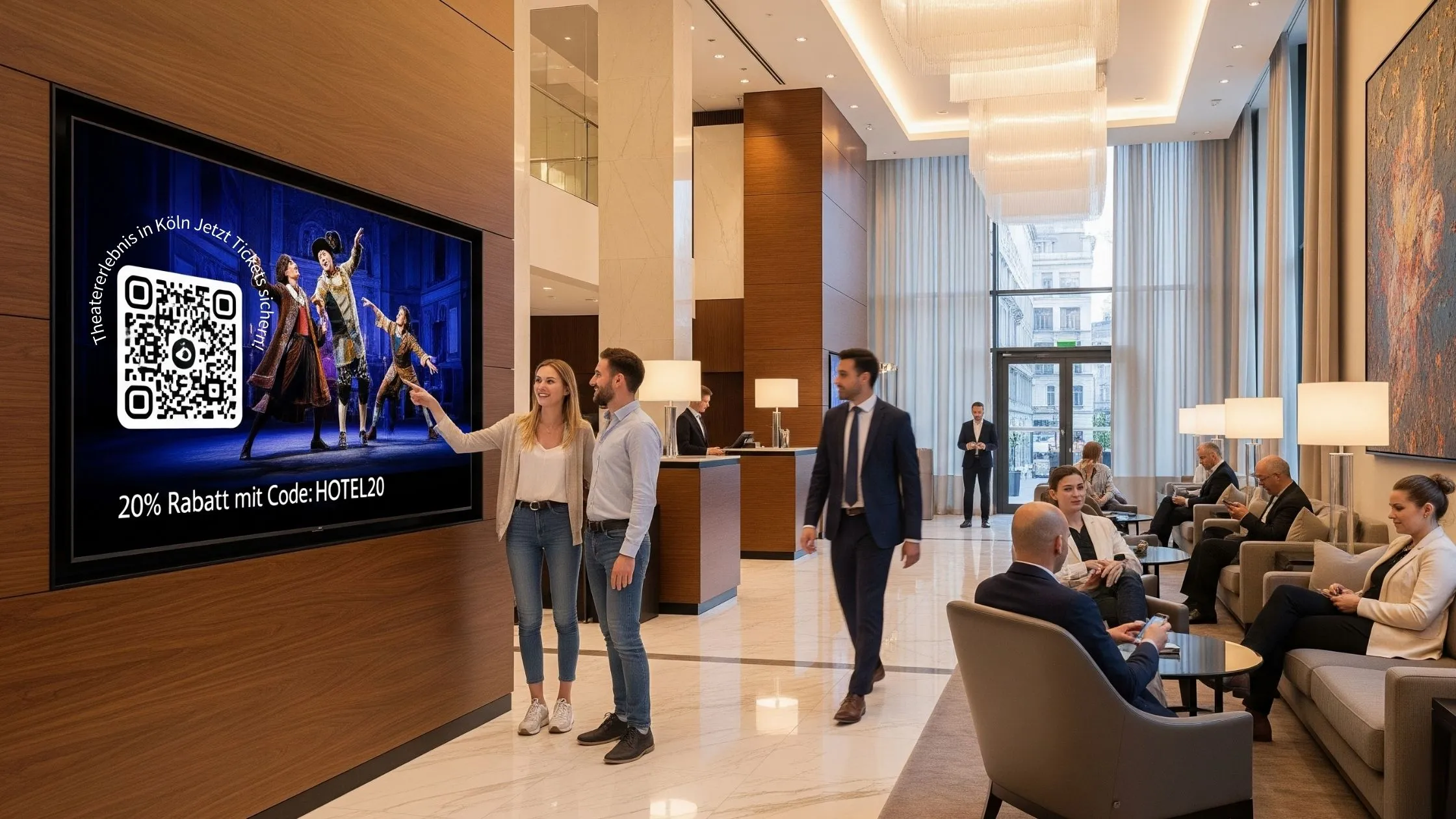 Touristenin einer Hotellobby interessieren sich für eine Smart Screen Werbung für ein Theaterstück, dass für Hotelgäste mit einem besonderen Rabatt angbeoten wird.