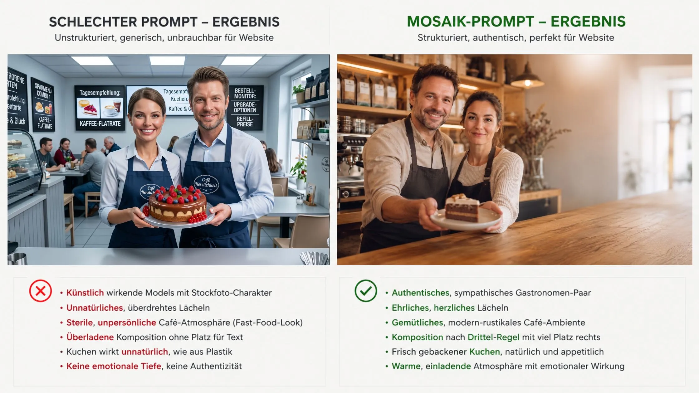Comparison of two bakery images: left shows a generic, artificial scene; right shows a warm, authentic, and inviting atmosphere.