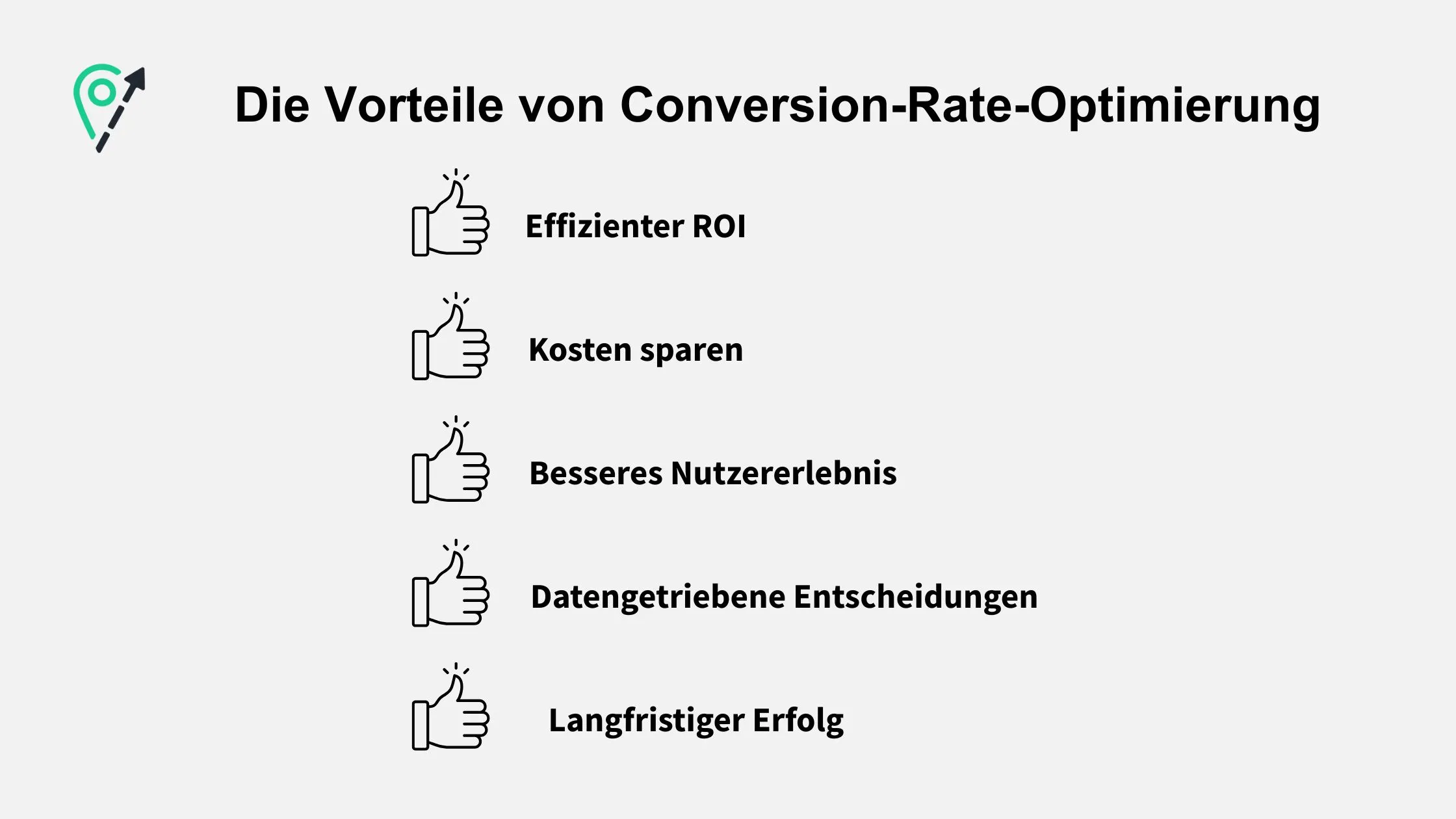 Infographic titled "Die Vorteile von Conversion-Rate-Optimierung" with icons and benefits: Effizienter ROI, Kosten sparen, Besseres Nutzererlebnis, Datengesteuerte Entscheidungen, Langfristiger Erfolg.