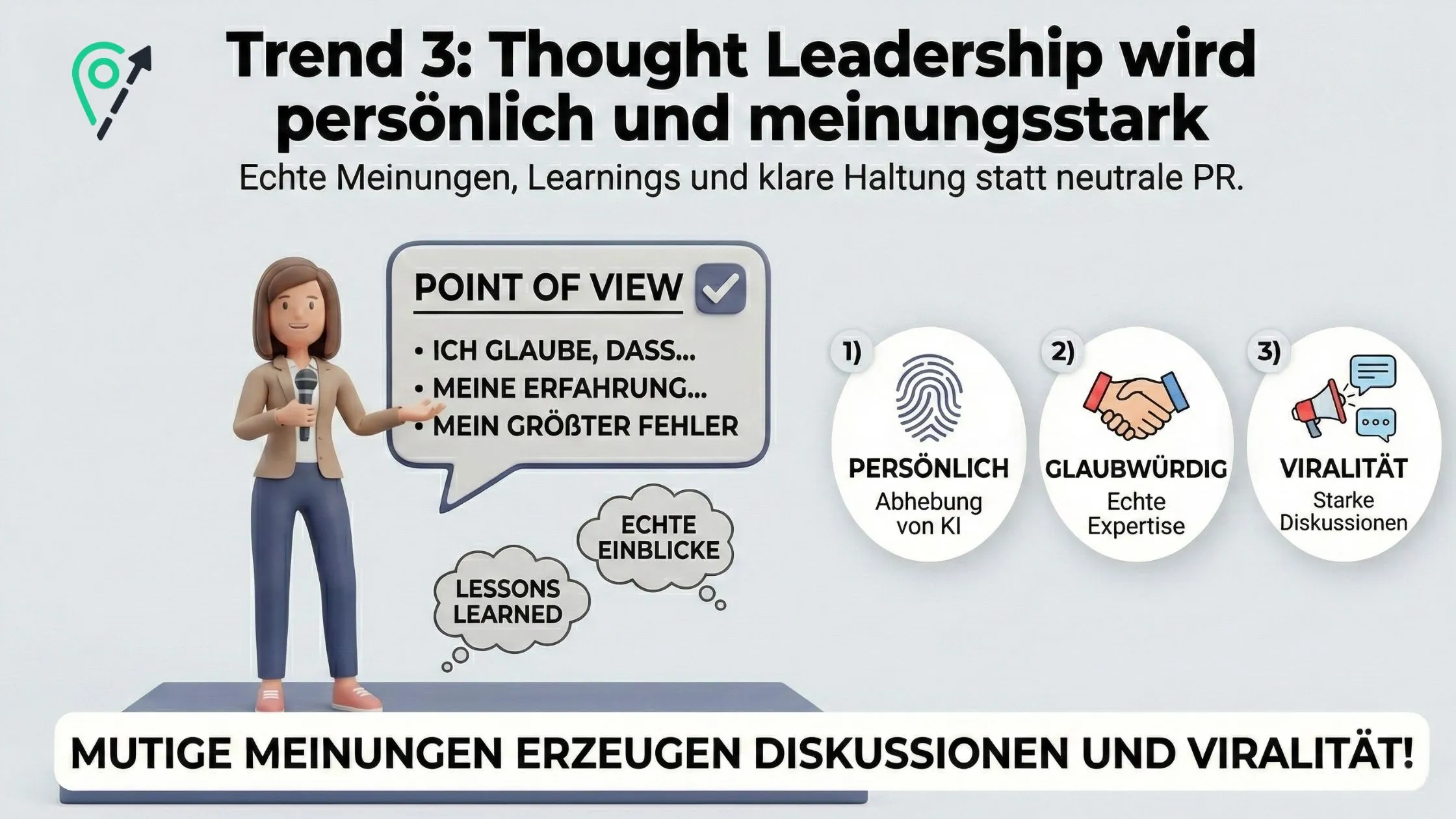 Illustration: woman with microphone and "Point of View" speech bubble (German), icons "persönlich, glaubwürdig, viral" and headline on opinionated thought leadership.