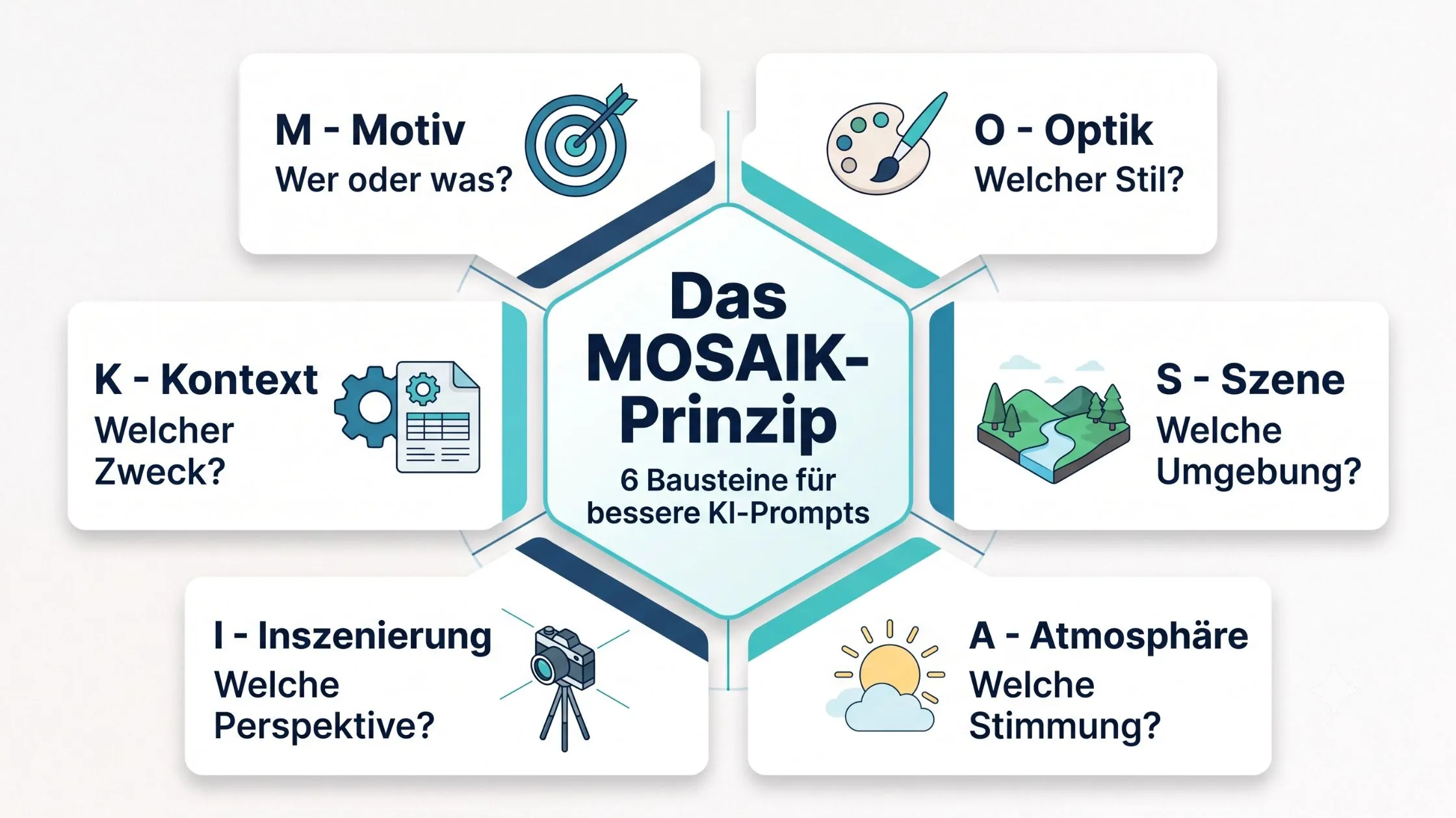Infographic of the MOSAIK principle for AI prompts, featuring six elements: motive, optics, scene, atmosphere, staging, context.
