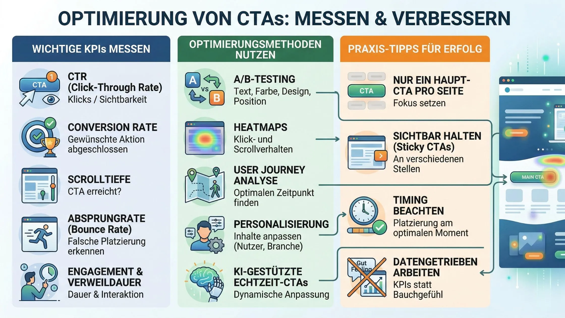 Infographic on optimizing CTAs, includes sections on important KPIs, optimization methods, and success tips. Text in German.