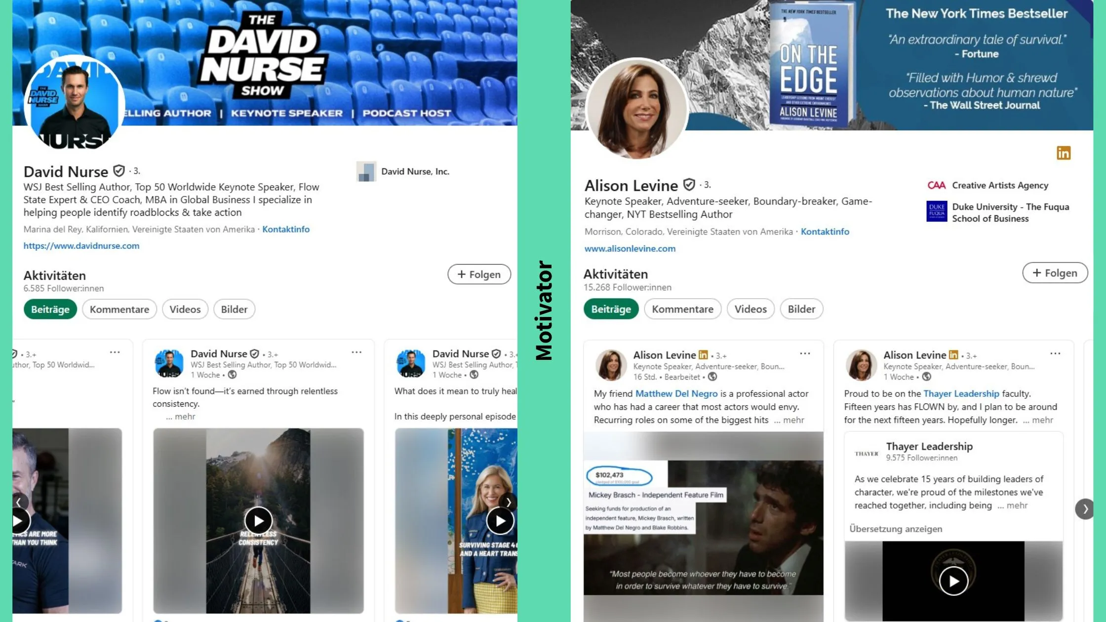 Screenshots der LinkedIn-Profile von David Nurse und Alison Levine, als Beispiel für den LinkedIn-Typ Motivator im Personal Branding.