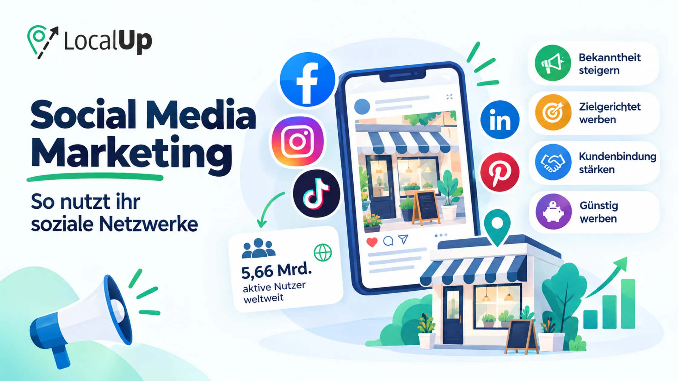 Social media marketing illustration with icons of platforms, a smartphone display, and analytics graphs. Text in German about social network use.