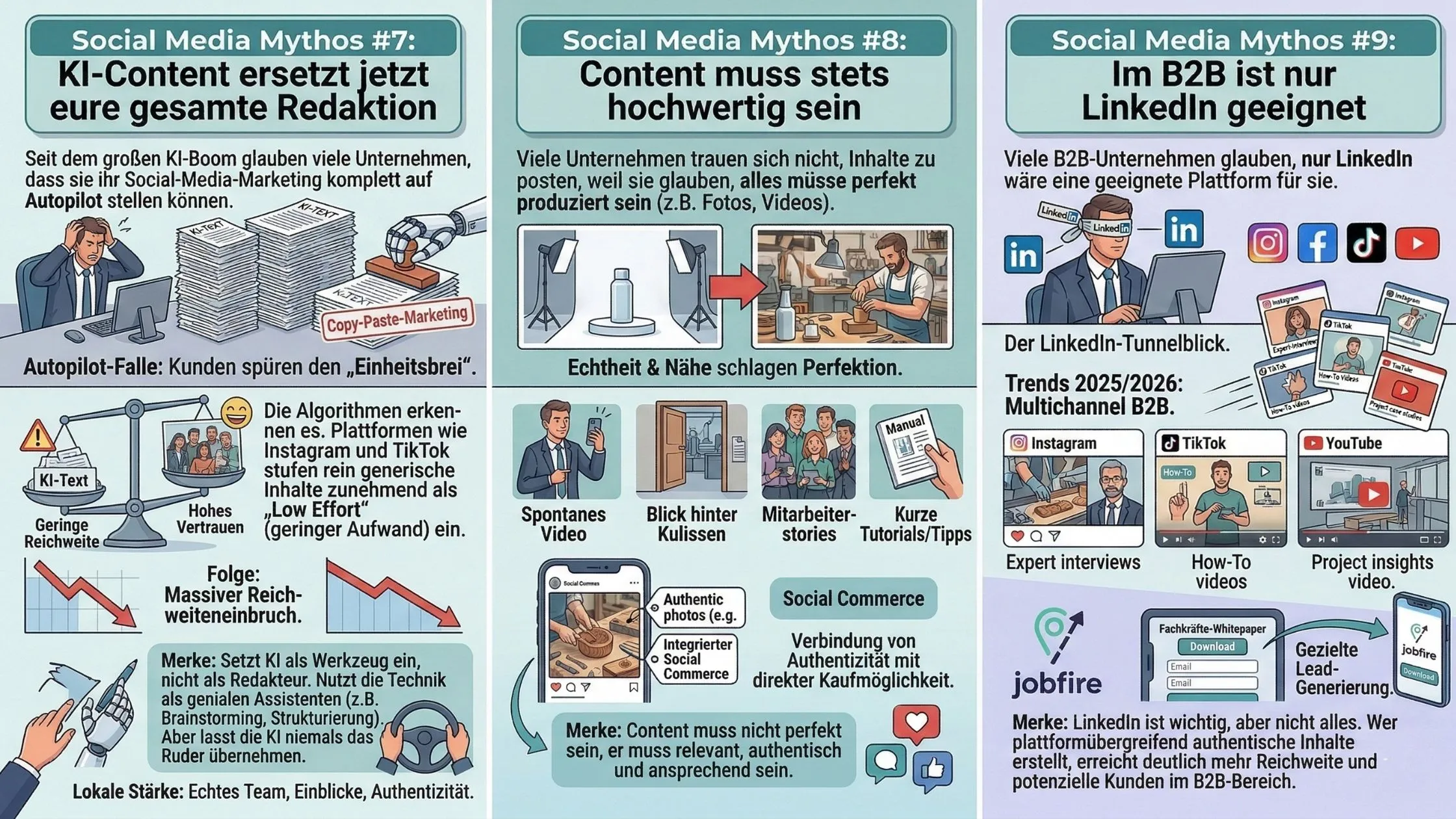 Infographic debunking social media myths with illustrations and text. Discusses AI in content creation, content quality, and B2B LinkedIn use.