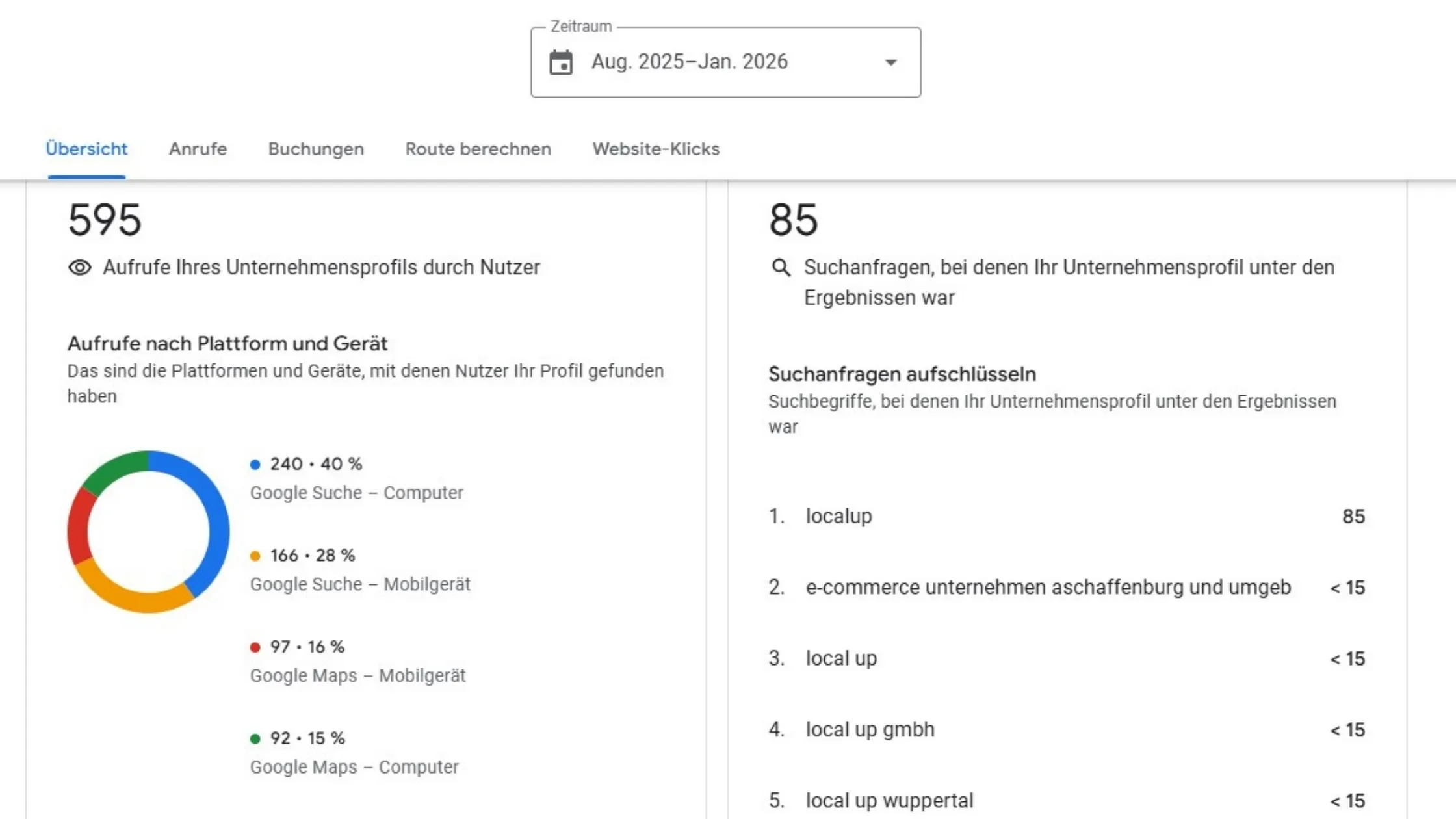 Business profile analytics displaying 595 views and 85 searches from Aug. 2025 to Jan. 2026, with pie chart and search term breakdown.