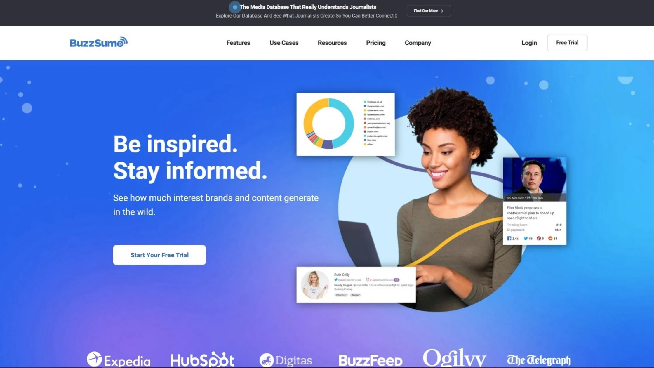 A woman using a laptop on BuzzSumo's website, featuring analytics graphics and a "Start Your Free Trial" button.