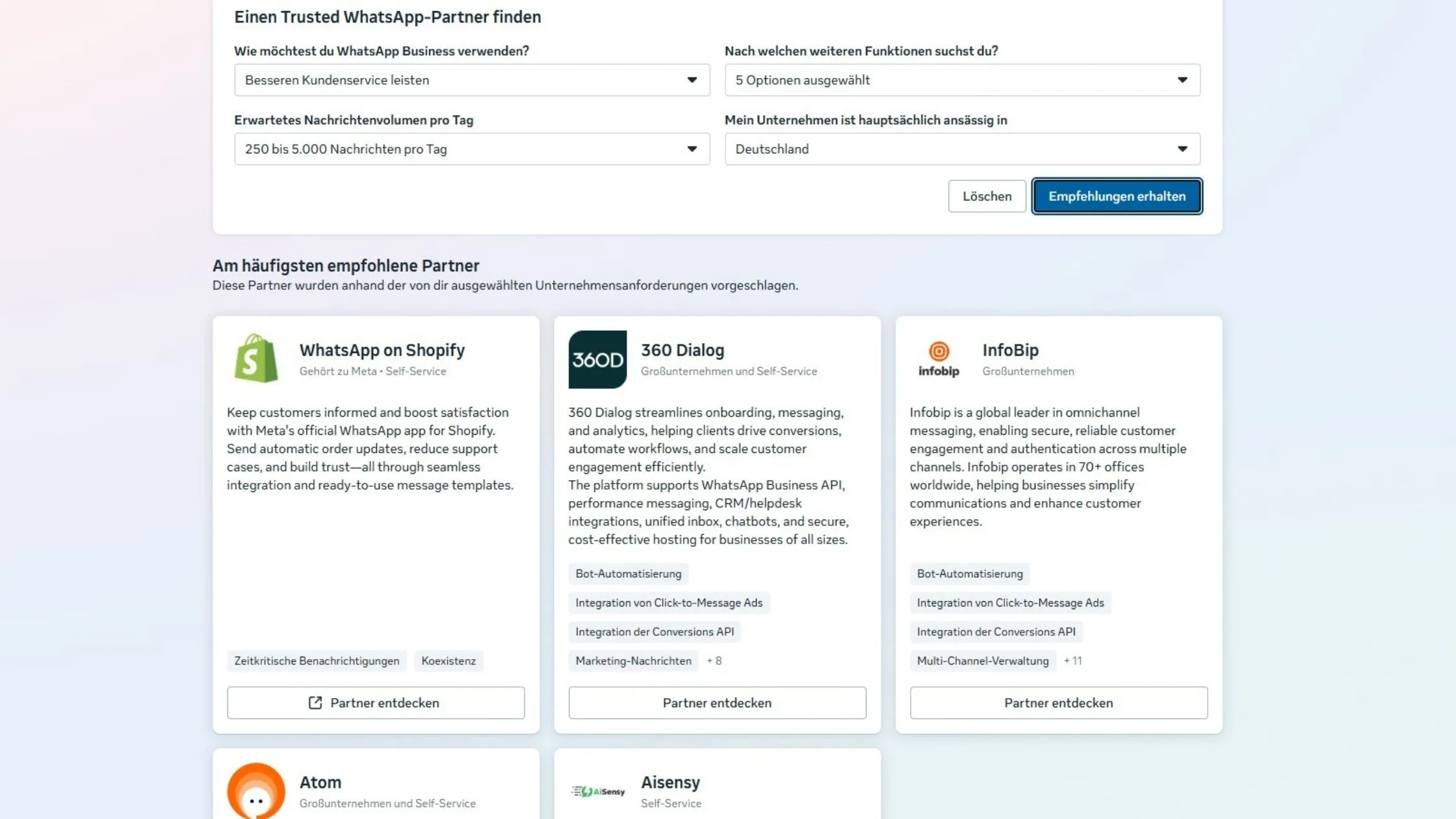 Screenshot of a webpage listing recommended WhatsApp business partners, featuring partner logos and descriptions in a grid layout. Text is in German.