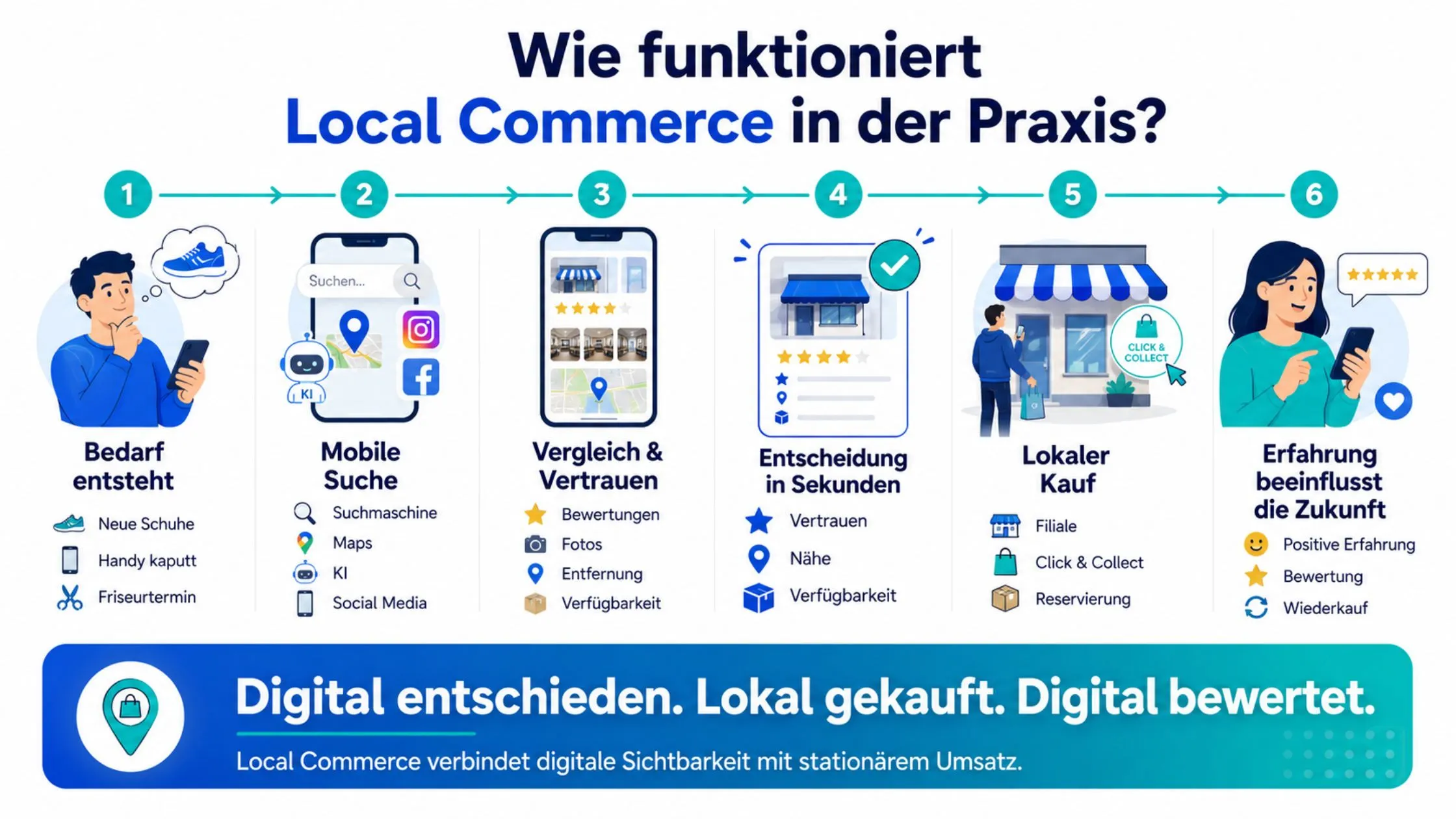 Infographic titled "Wie funktioniert Local Commerce in der Praxis?" depicting steps: need, search, comparison, decision, purchase, and future influence.