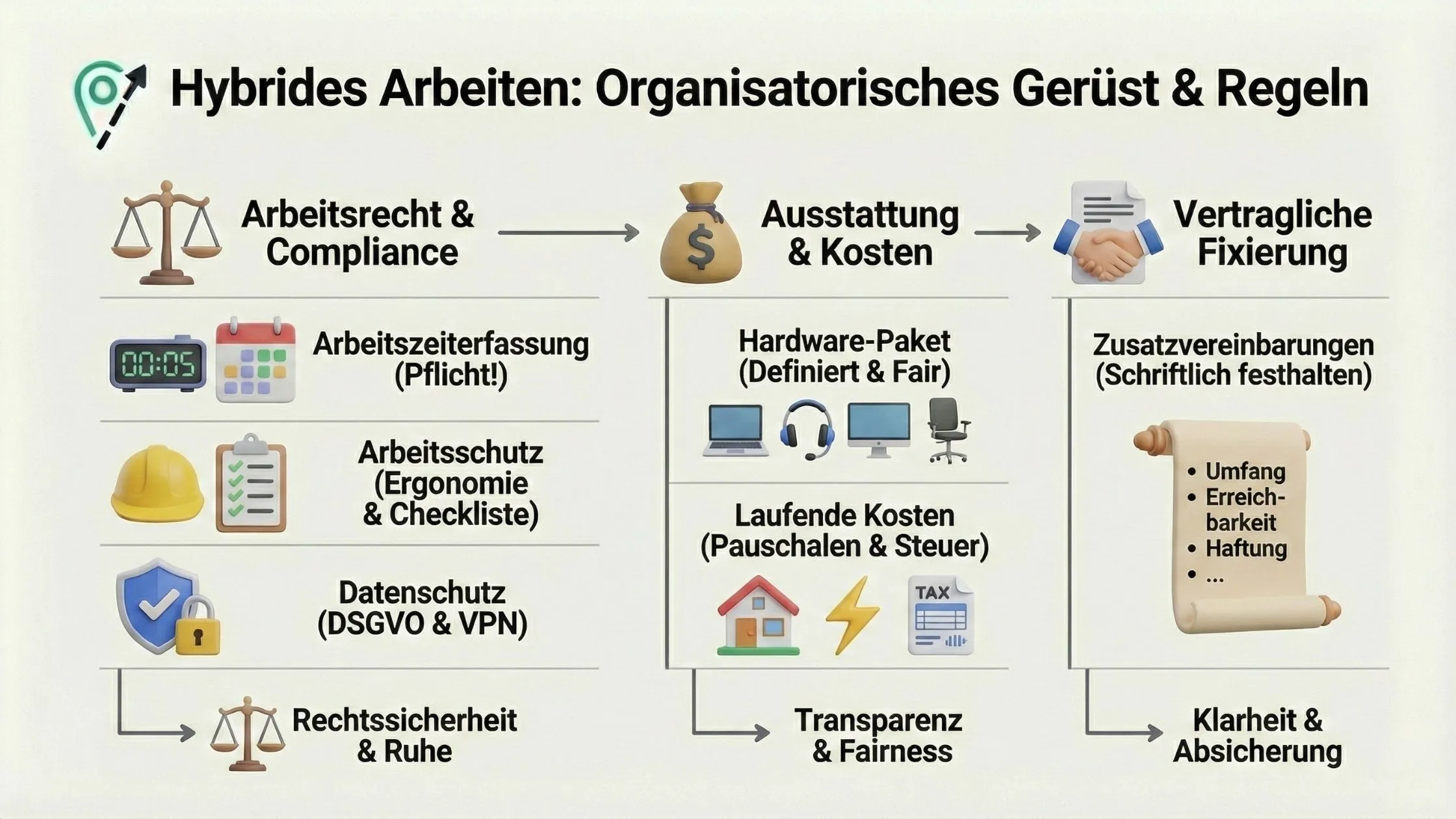Flowchart titled "Hybrides Arbeiten: Organisatorisches Gerüst & Regeln," showing elements like Arbeitsrecht, Ausstattung, and Vertragliche Fixierung.