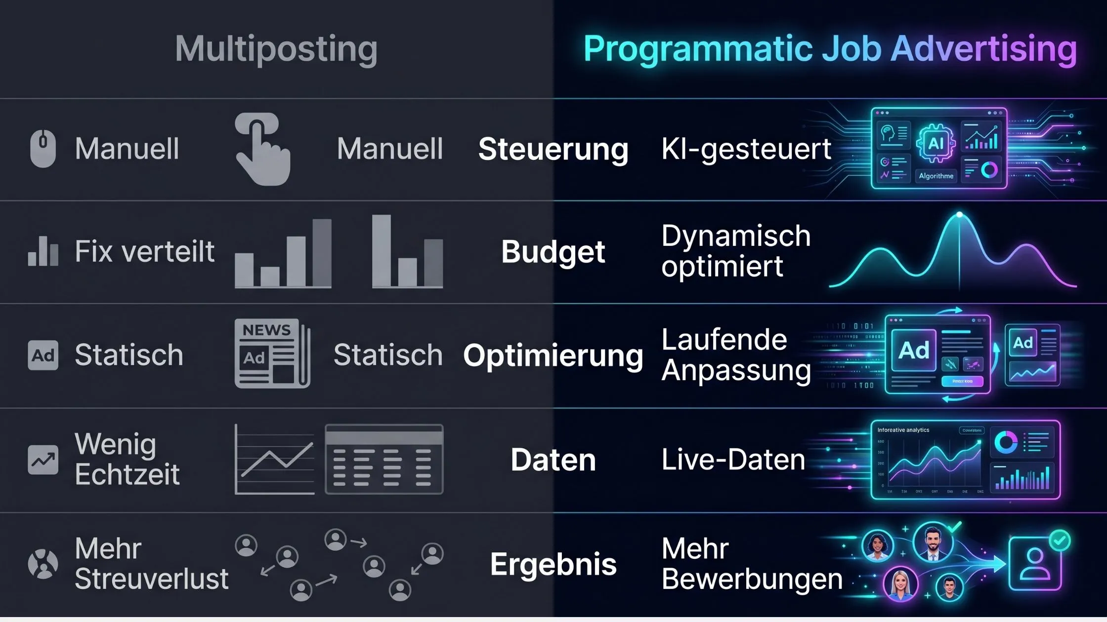 Comparison chart of multiposting versus programmatic job advertising, highlighting differences in control, budget, optimization, data, and results.