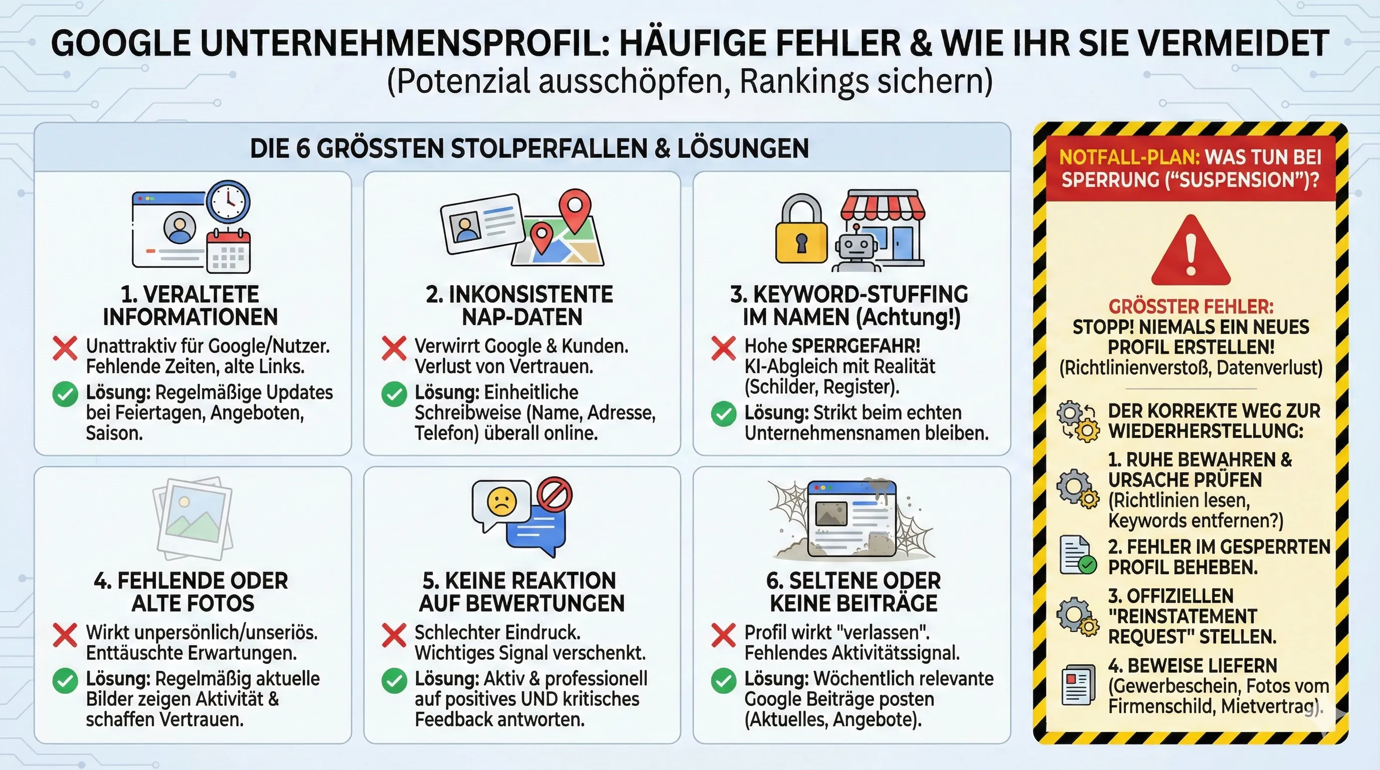 Infographic about common Google business profile mistakes and solutions, detailing six main pitfalls and how to avoid them.