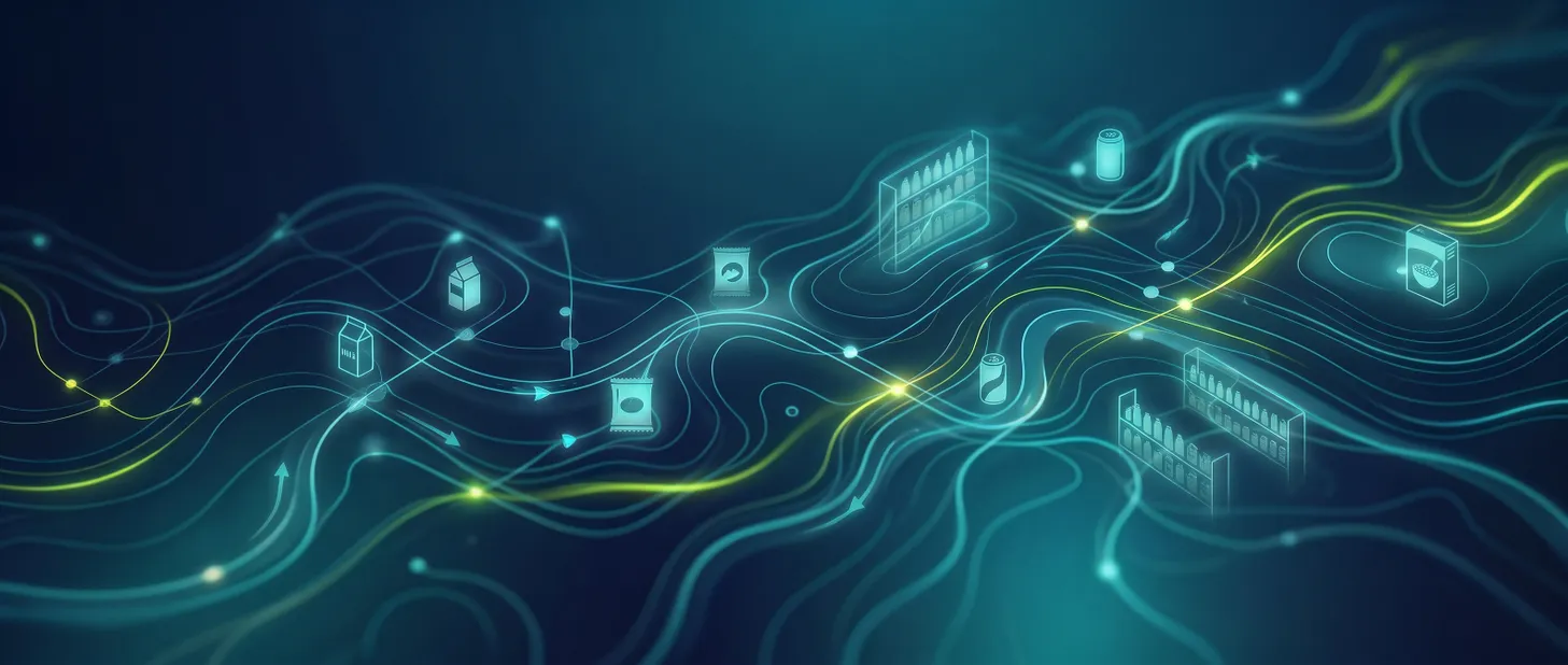 Abstract digital illustration of emerging data paths with grocery icons like milk cartons, cans, and shelves, highlighted by curved neon lines.