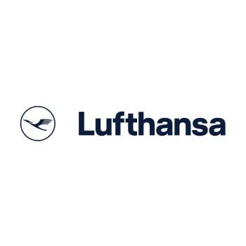 Lufthansa logo featuring a stylized bird in a circle next to the brand name in bold, dark blue font.