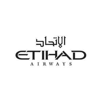 Etihad Airways logo featuring stylized Arabic and English text in black on a white background.