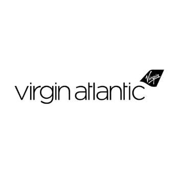 Virgin Atlantic logo with sleek black text and a small stylized wing featuring the word "Virgin" in white.