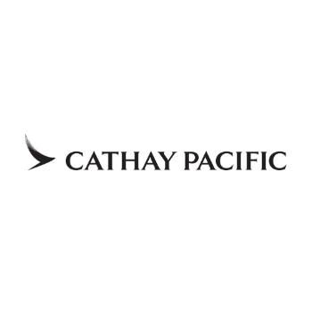 Cathay Pacific logo featuring a stylized brushwing symbol next to the company name in bold, black letters on a white background.