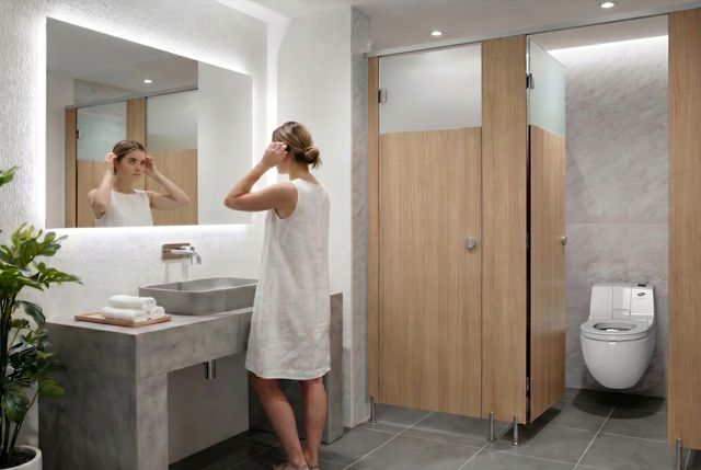 Eine Frau richtet sich in einem modernen, hellen Badezimmer die Haare, während sie vor einem Waschbecken mit großem Spiegel steht. Daneben befinden sich Toilettenkabinen, wo automatische, selbstdesinfizierende Toilettenbrillen für Sicherheit sorgen.