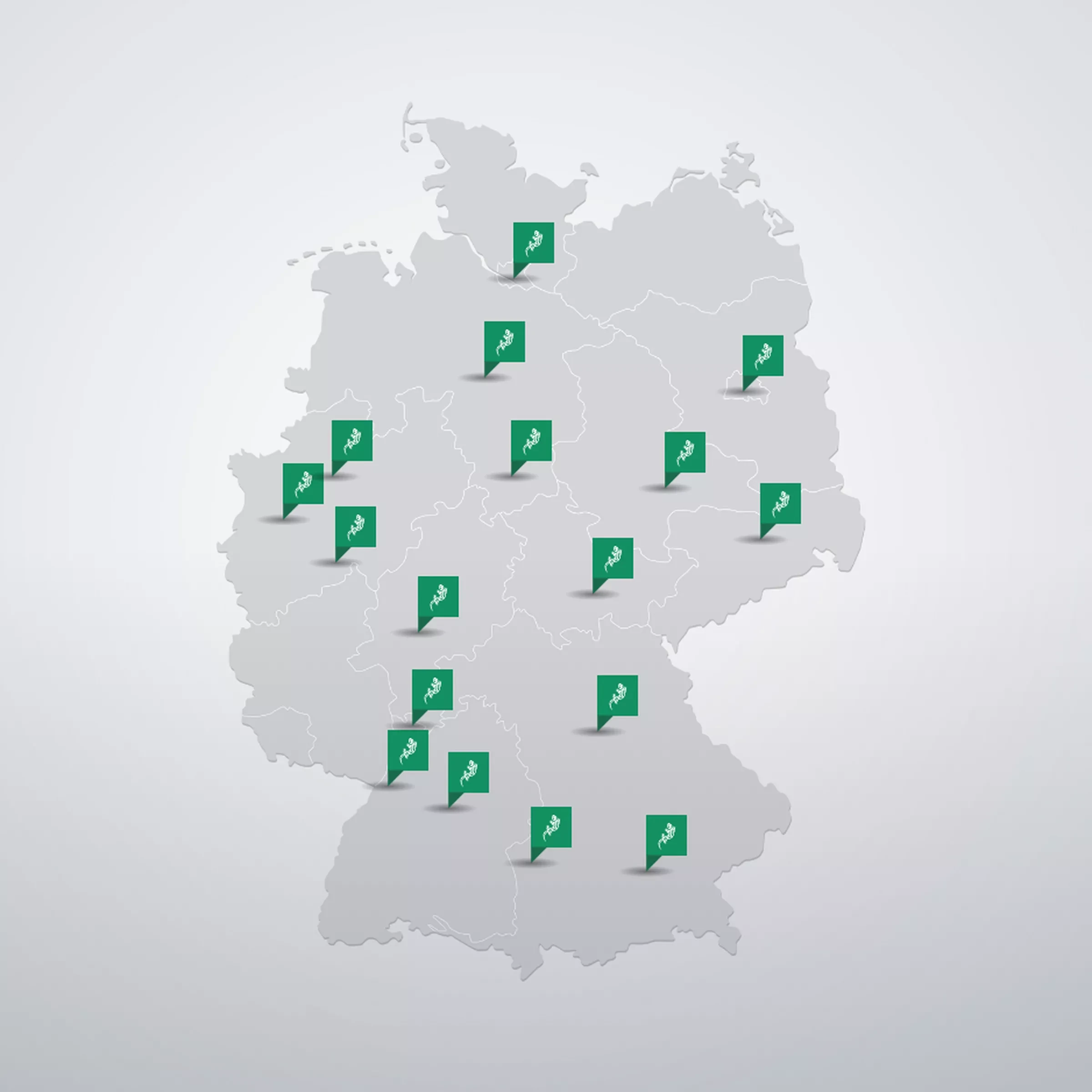 Mapa de Alemania con alfileres verdes indicando ubicaciones, posiblemente representando ciudades o puntos de interés.