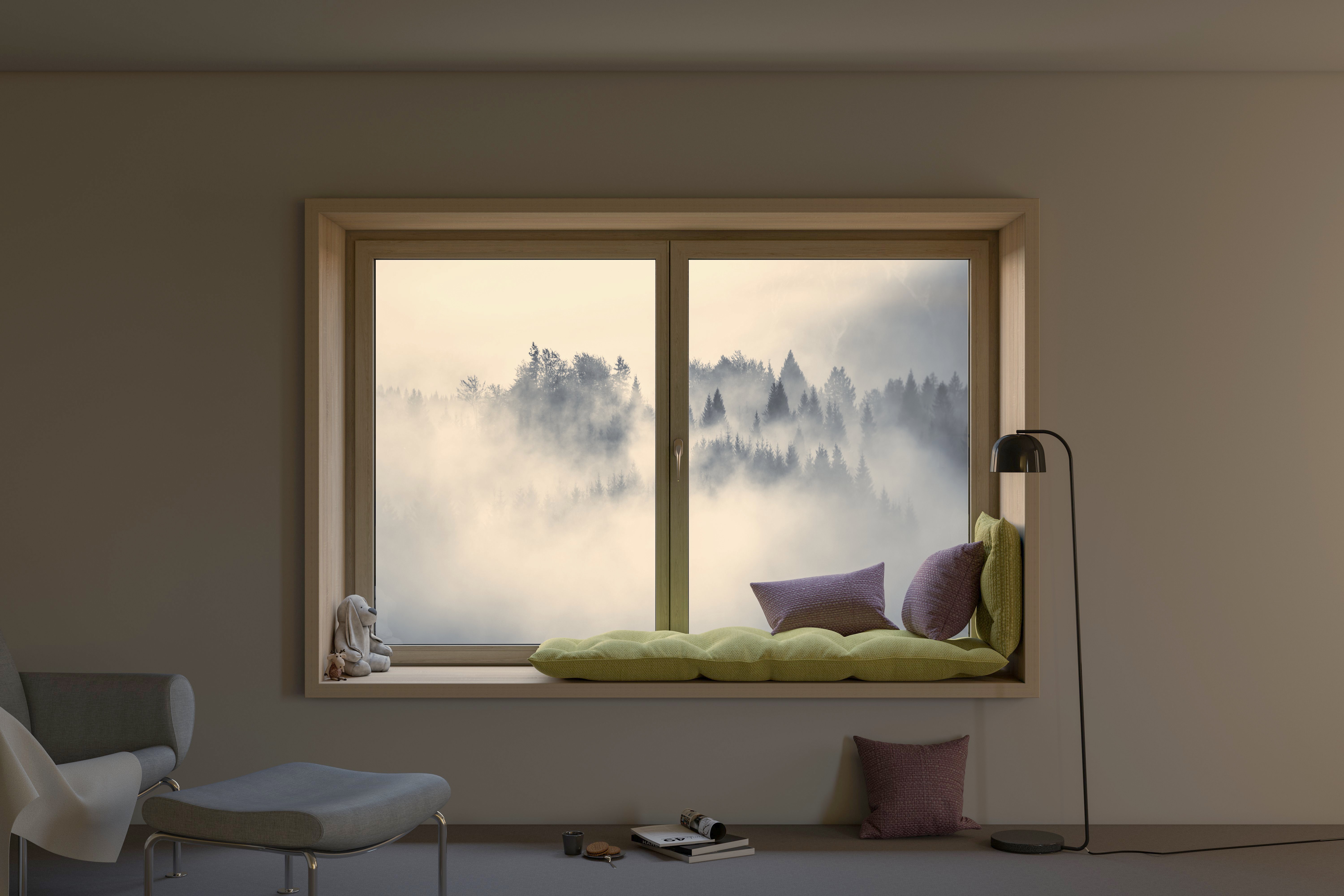 A room with a window seat, pillows, and a view of a foggy forest. A lamp and a stool are placed nearby.