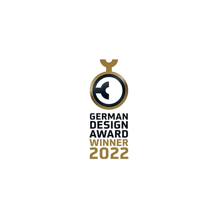 Logo ganador del German Design Award 2022 que presenta una medalla dorada con un círculo negro en el centro y las palabras "Ganador del German Design Award 2022" escritas debajo.