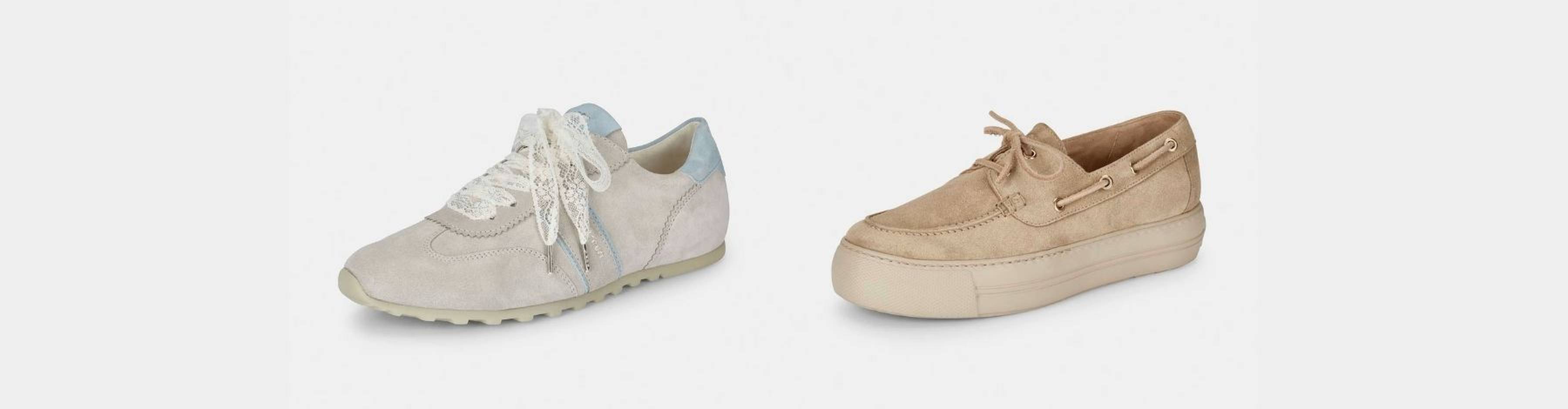 Retro-Sneaker und Bootsschuh in hellen Naturtönen als Schuhtrends 2026