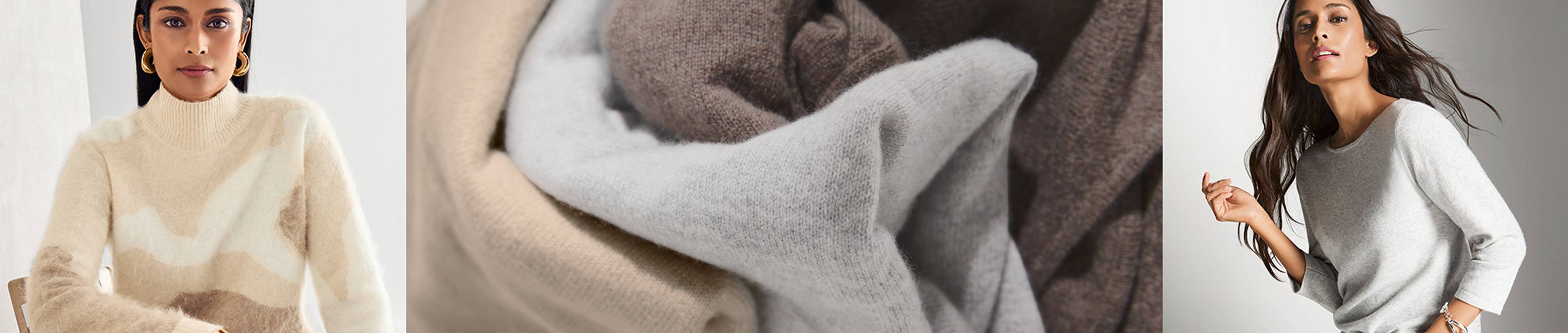 Kaschmirpullover in Creme und Hellgrau mit Rundhals- und Stehkragenvarianten, weicher Strickstruktur und lockerer Passform