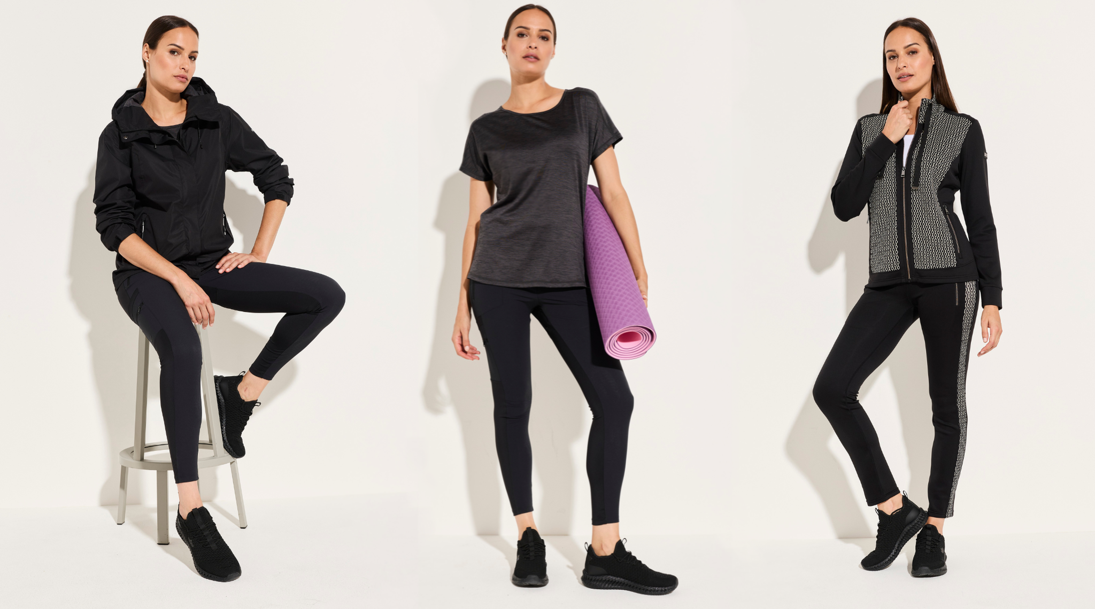 Es handelt sich um eine Collage aus drei Bildern. Alle zeigen ein Model in einem sportlichen Workout-Look.