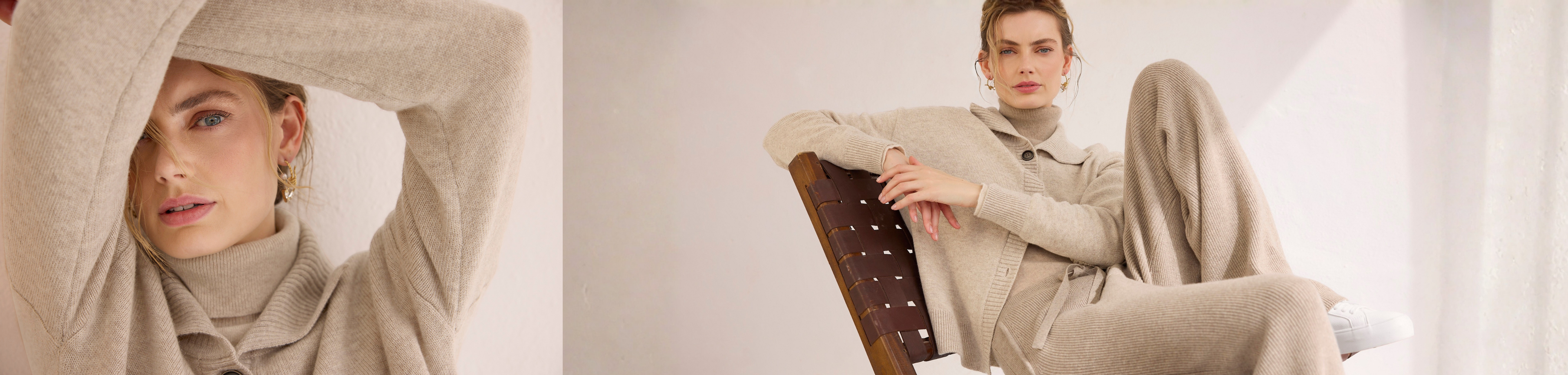 Strick Highlights in Beige mit Cardigan und Strickhose für einen modernen Ton-in-Ton Look