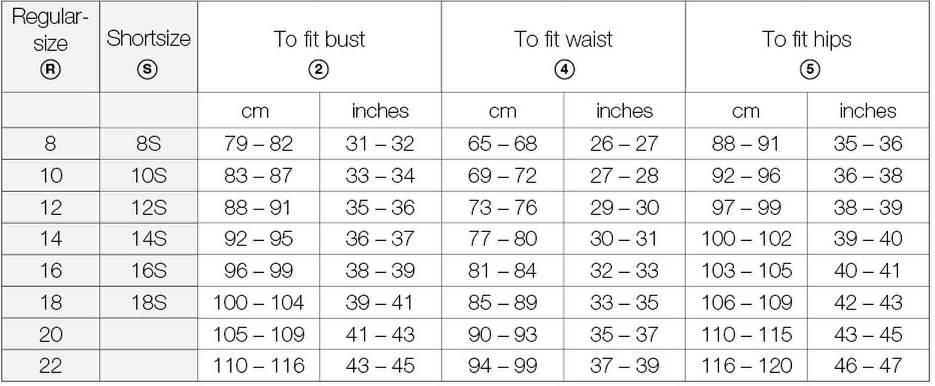 Size chart for women's sizes
